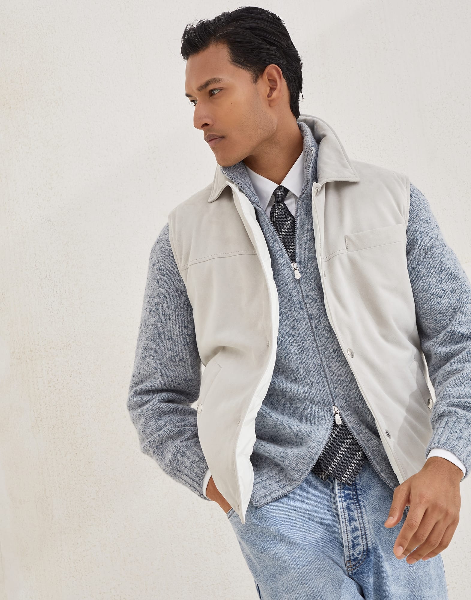 Suede down vest with shirt-style collar - 4