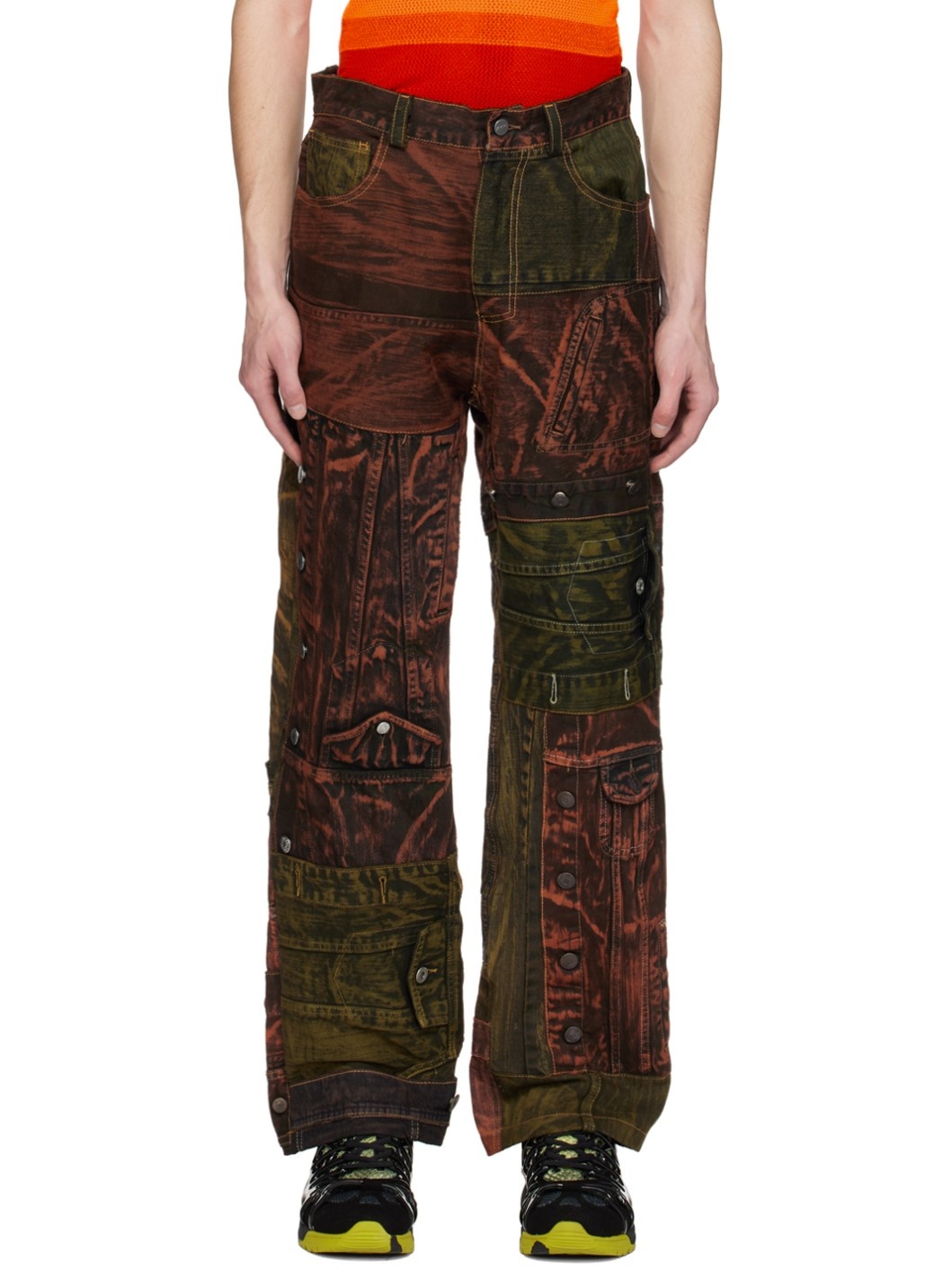 Orange & Green Paneled Jeans - 1