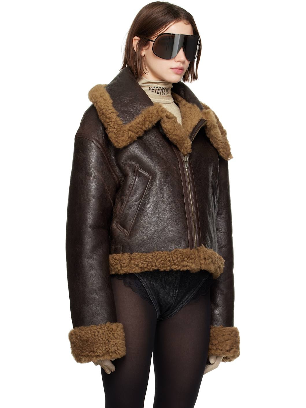 Brown Inside-Out Cropped Aviator Reversible Shearling Jacket - 2
