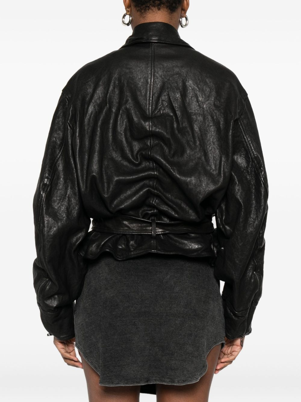 asymmetric-zip belted leather jacket - 4