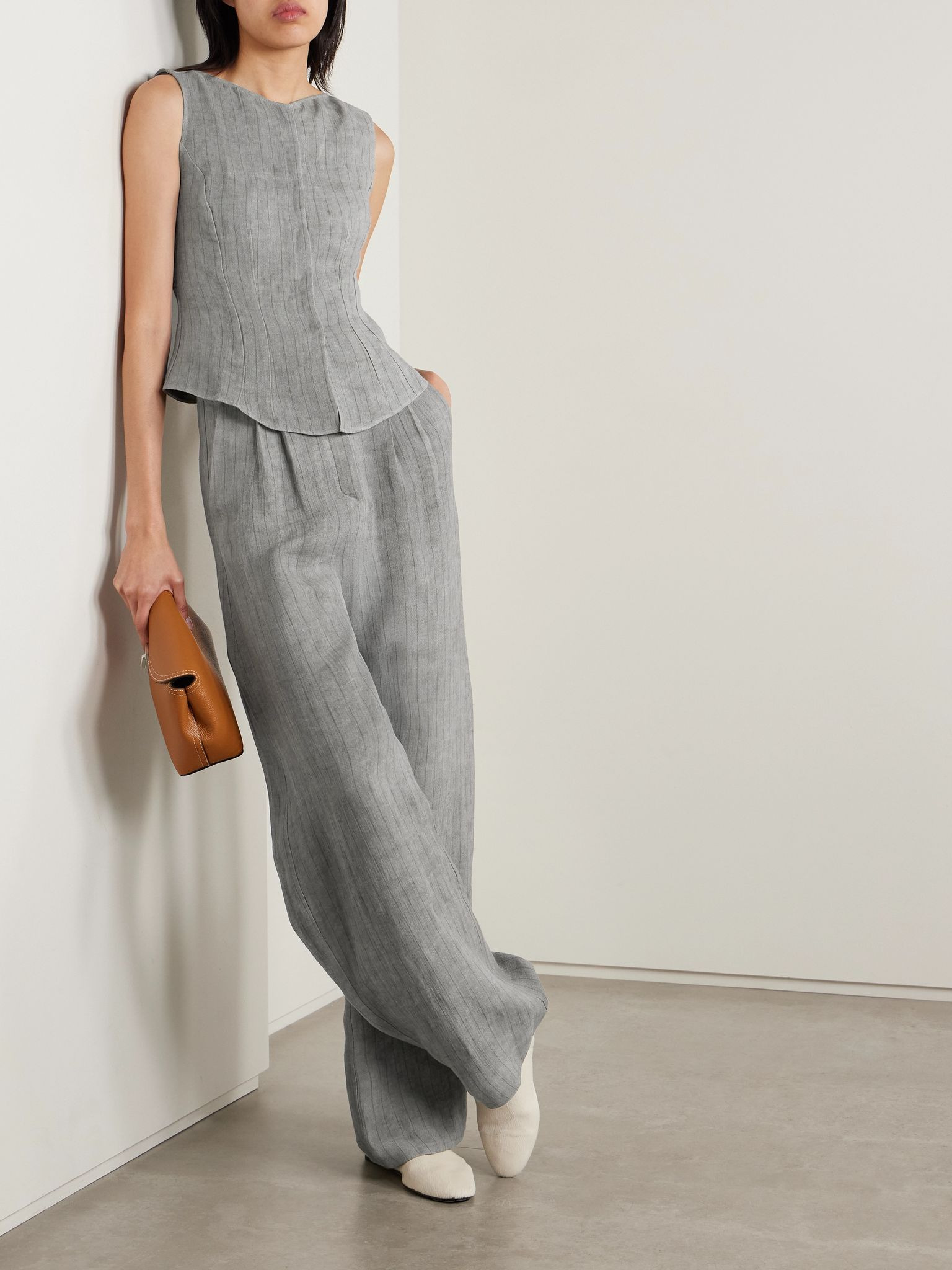 Lupe pleated striped linen wide-leg pants Gray - 2