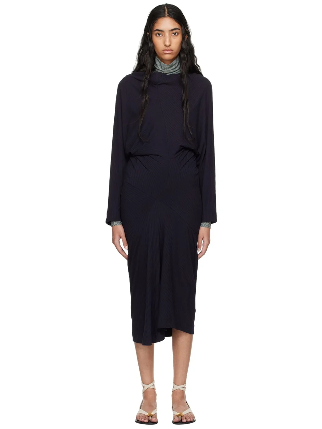 Navy Ribbed Midi Dress - 1