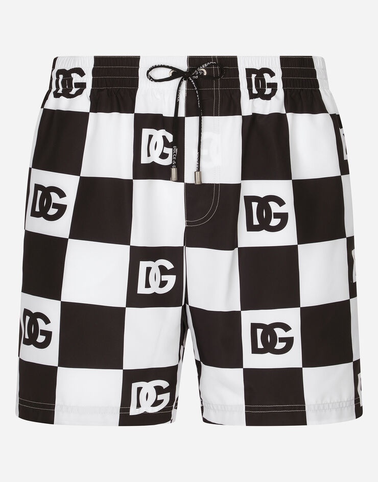 Damier-print mid-length swim trunks with DG logo - 1