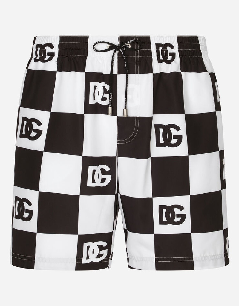 Damier-print mid-length swim trunks with DG logo 1