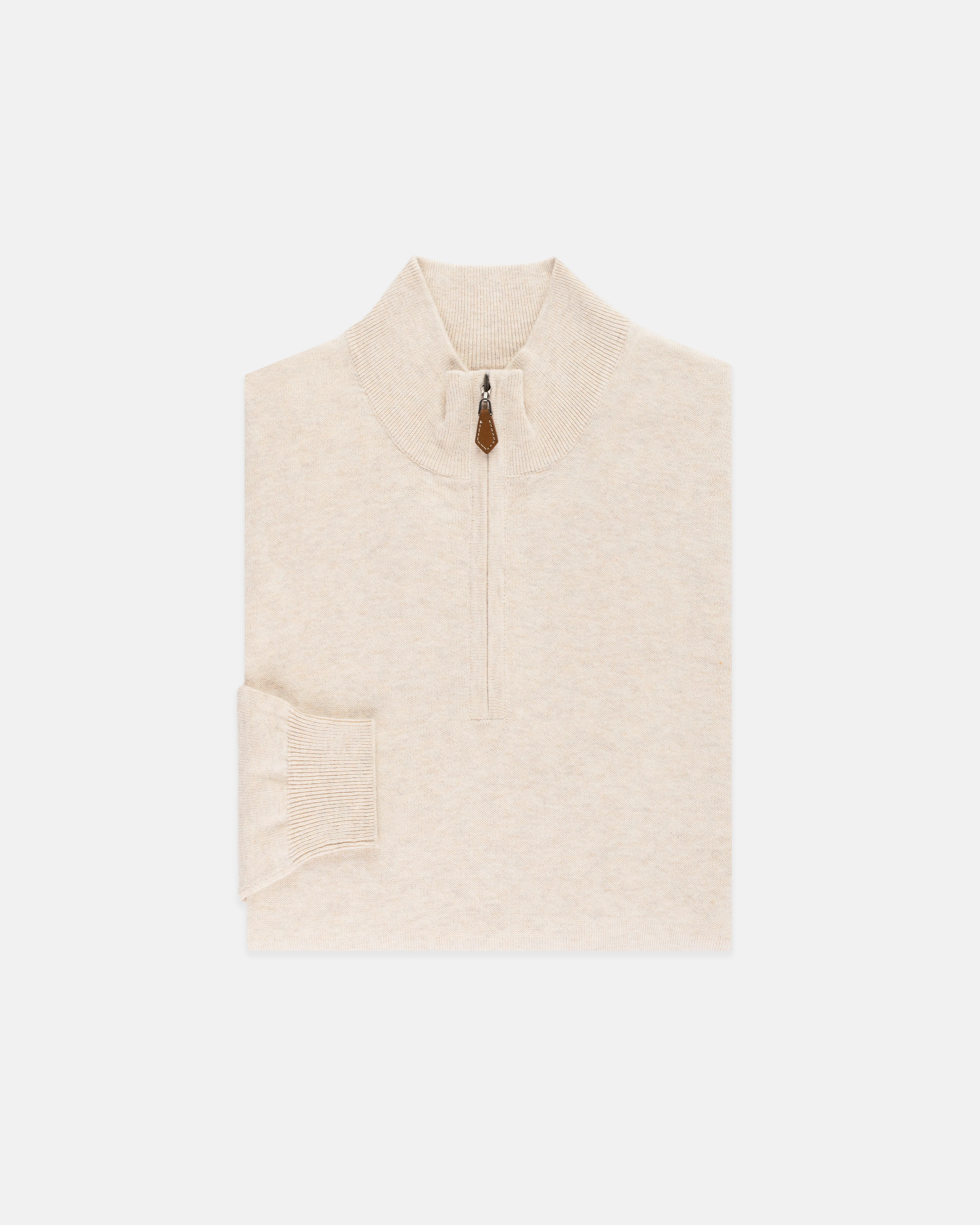 LIGHT TAN COTTON-CASHMERE QUARTER-ZIP SWEATER - TRIM FIT - 1