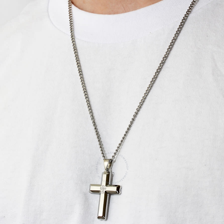 Robert Alton - Robert Alton 1/20 CTW Stainless Steel Scalloped Men's Diamond Cross Necklace - 5