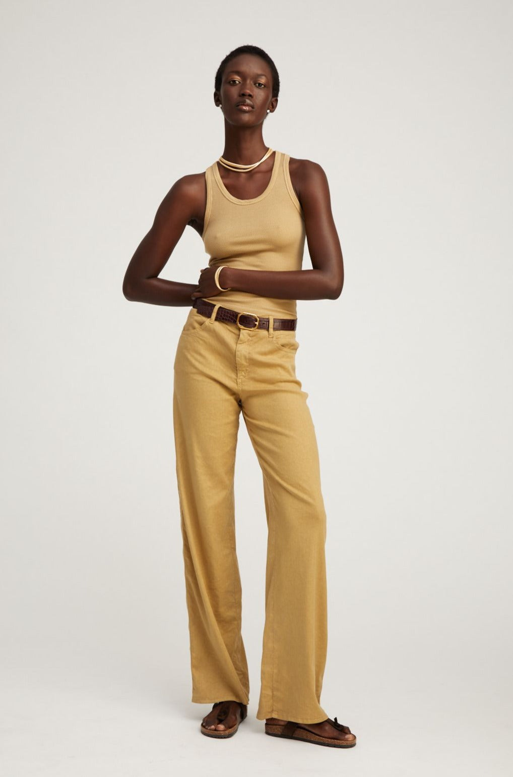 KHAKI LINEN 5 POCKET WIDE LEG PANTS - 2