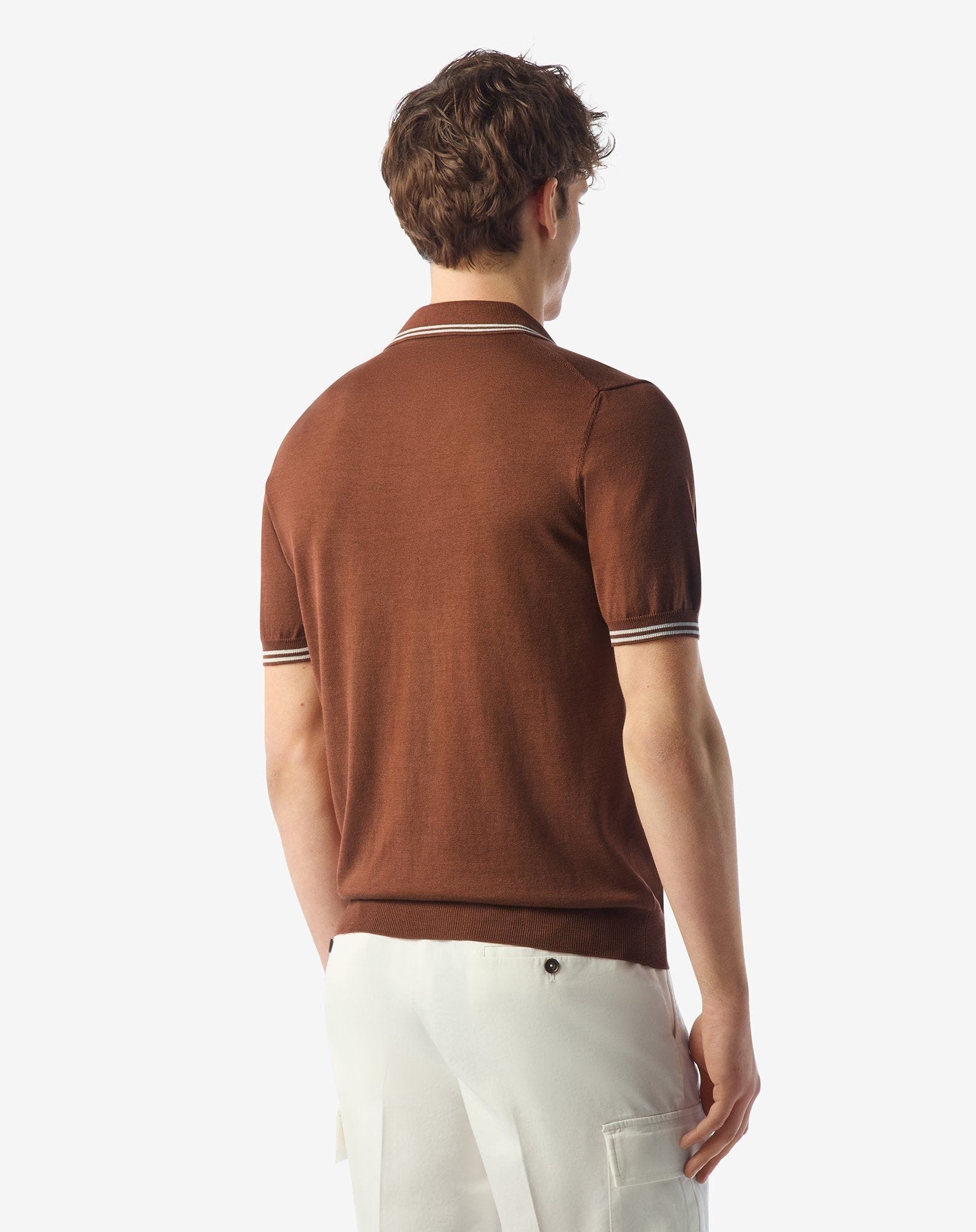 Burned earth/white silk and cotton polo shirt - 3