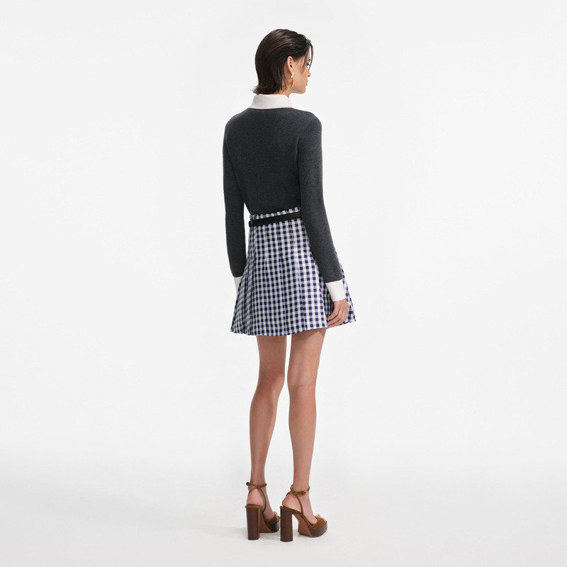 self-portrait Navy Gingham Pleated Taffeta Mini Skirt outlook