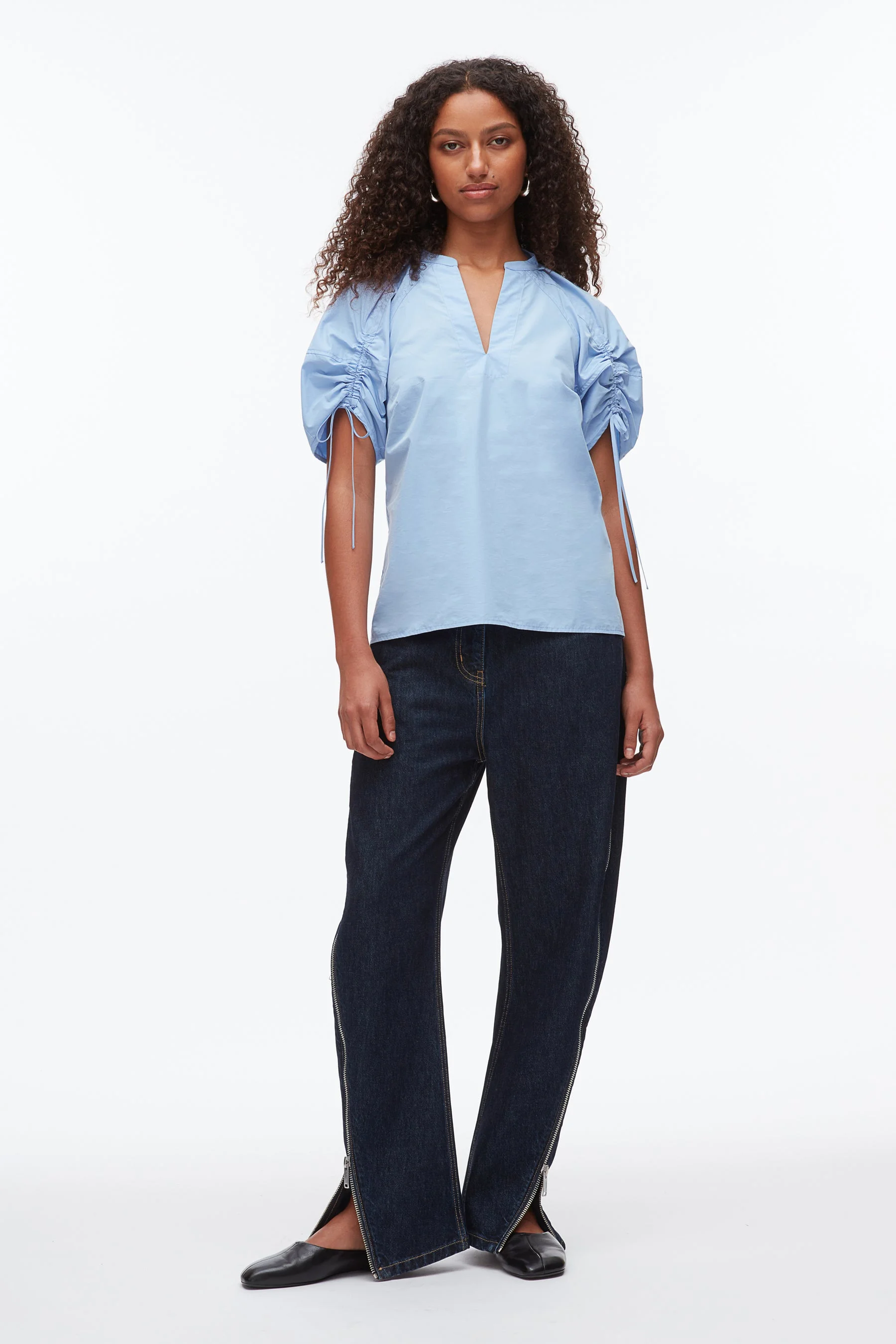 Ruched Sleeve V-Neck Top - 1