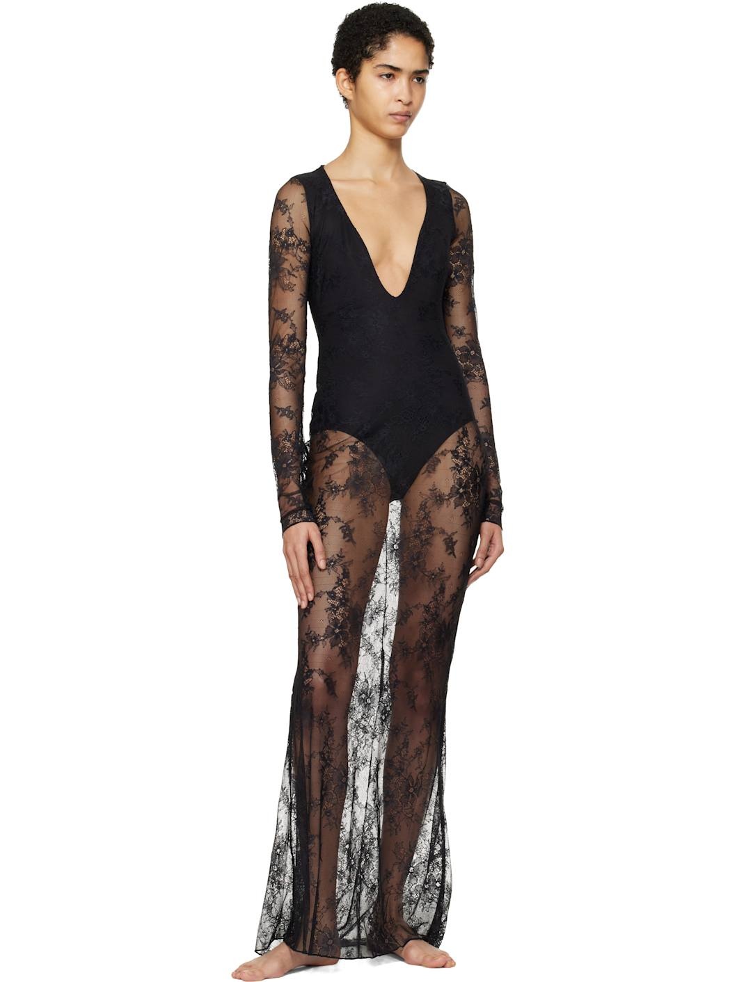 Black Ultra Fine Lace Plunge Long Maxi Dress - 4