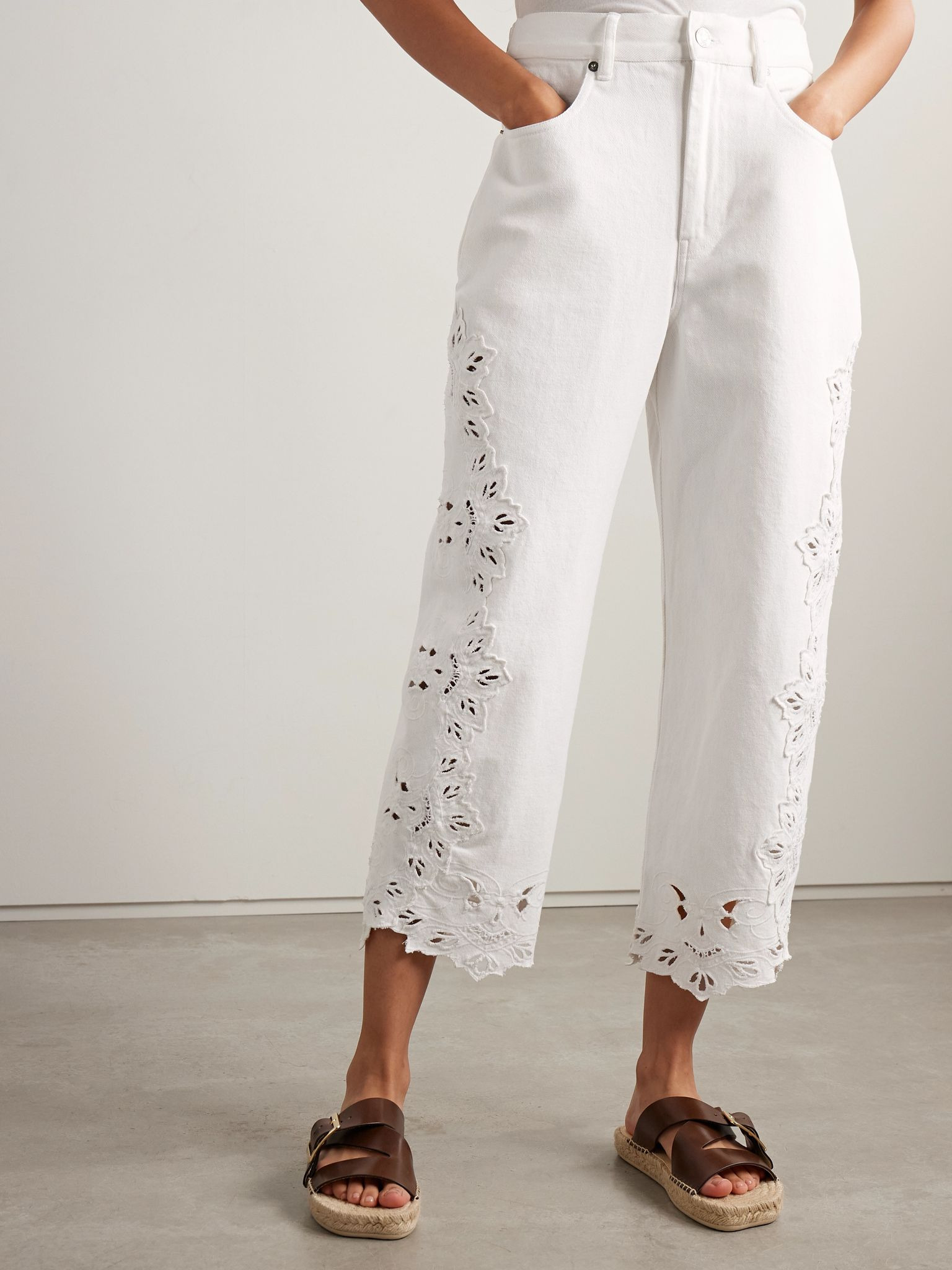 Cavina cropped broderie anglaise barrel-leg jeans White - 3