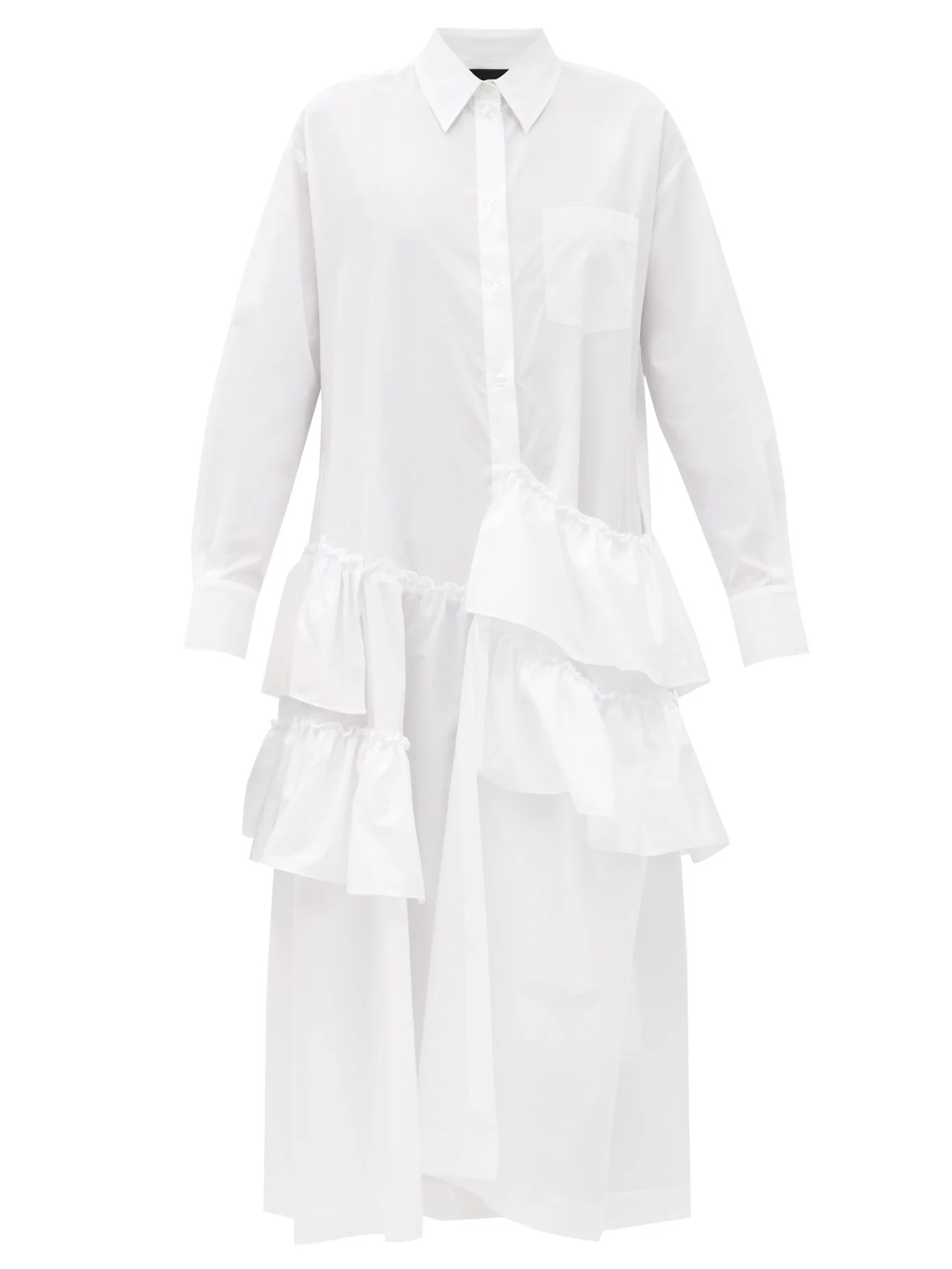 Asymmetric-ruffled cotton-poplin shirt dress - 1