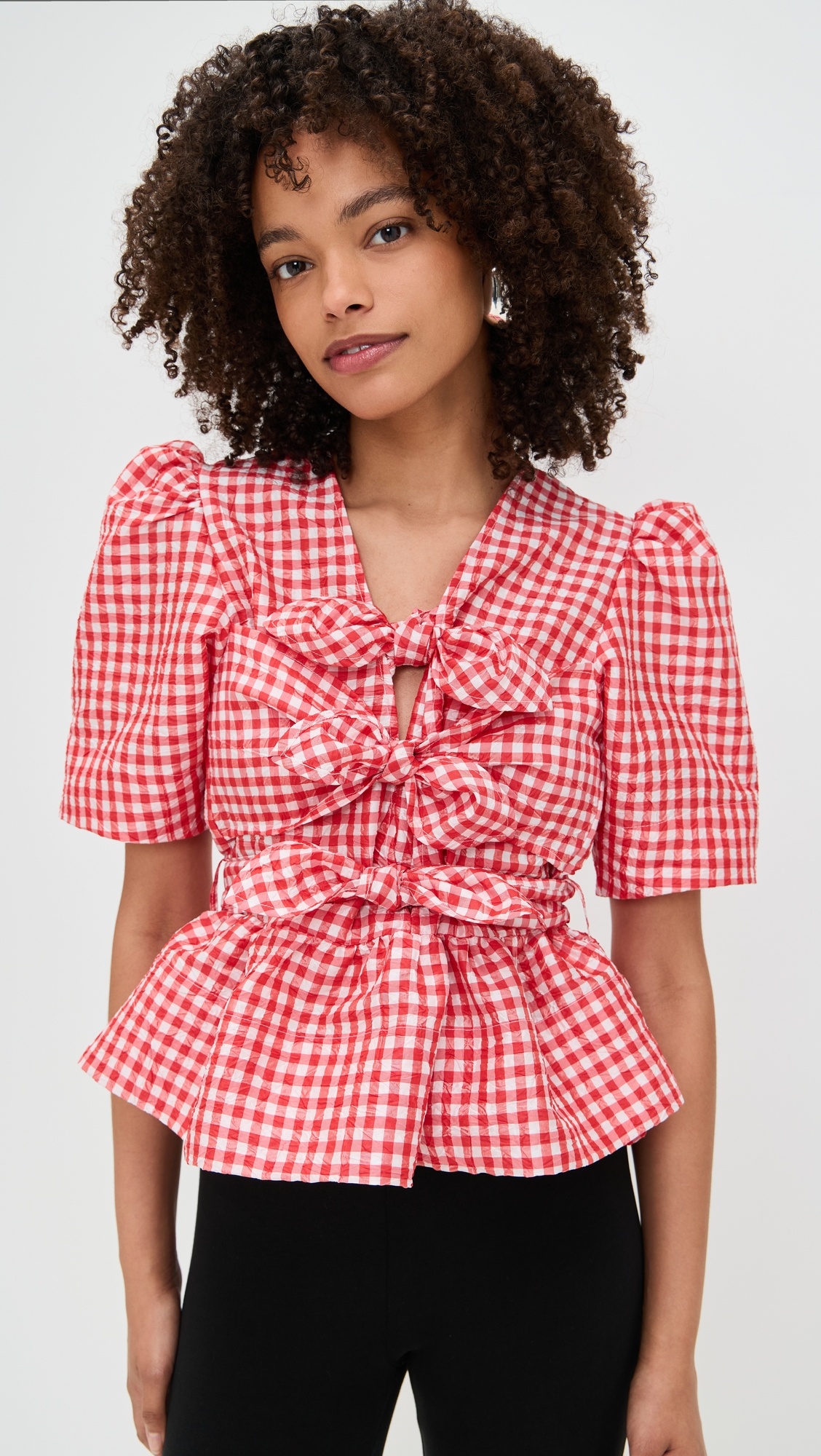 Crinkled Taffeta Check Tie Strap Blouse - 6