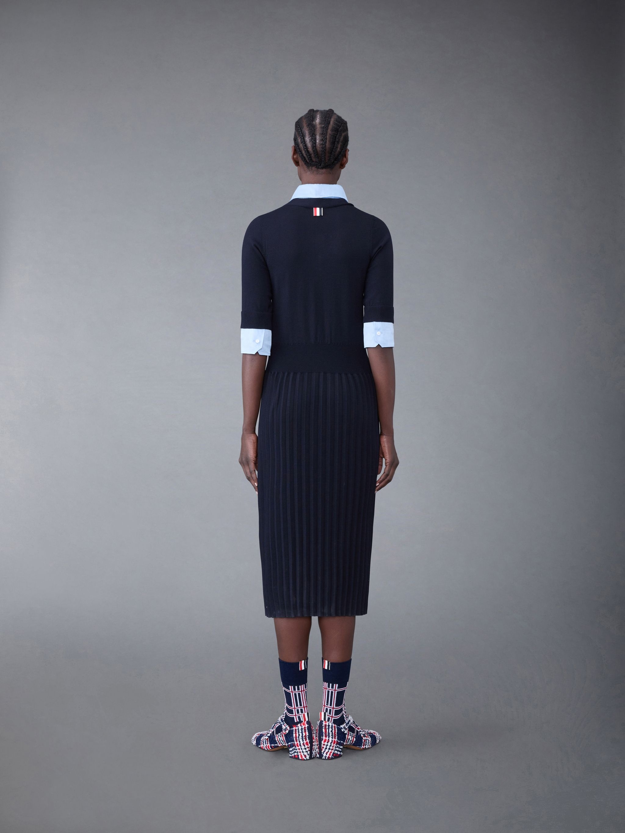 Wool Jersey Organza Pleated Bottom Ribbon Tie Combo Shirtdress - 2