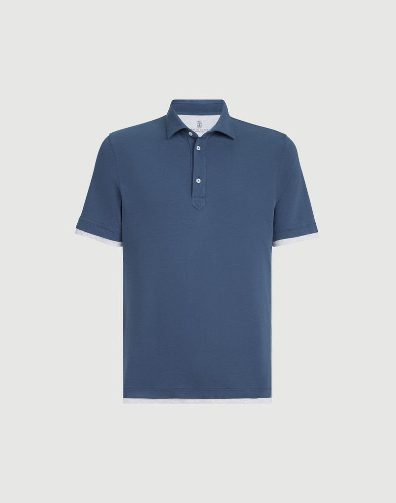 Cotton piqué shirt-style collar polo with faux-layering 1