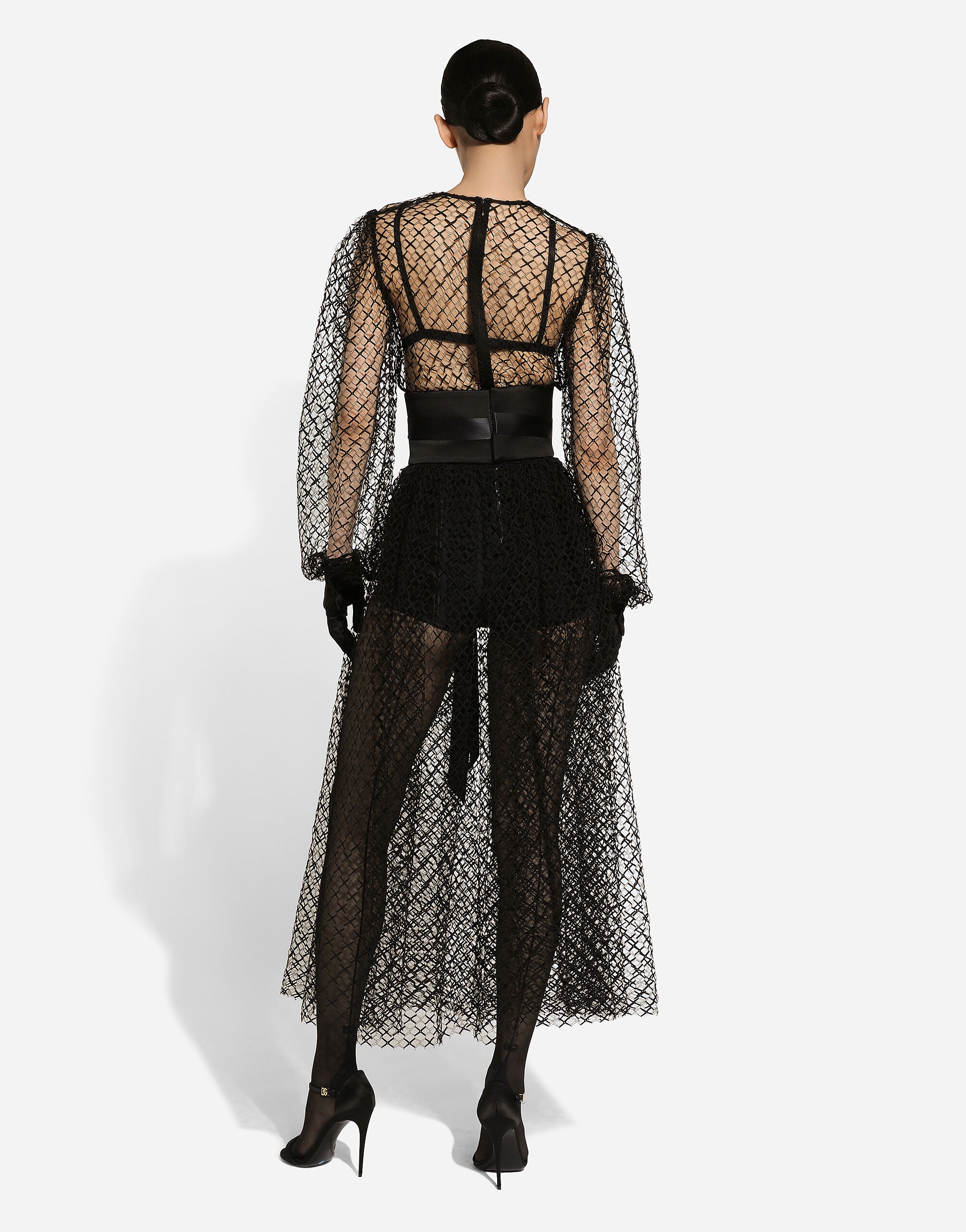 Calf-length mesh dress with wool crepe belt - 3