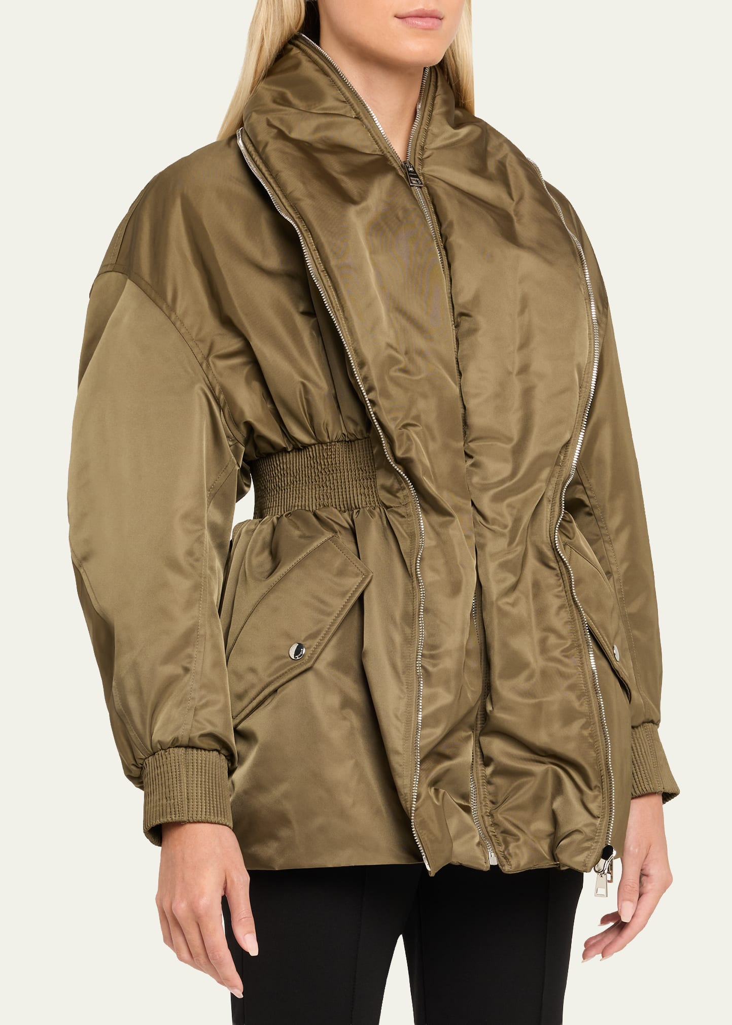 Dual-Zipper Shawl Collar Bomber Jacket - 4
