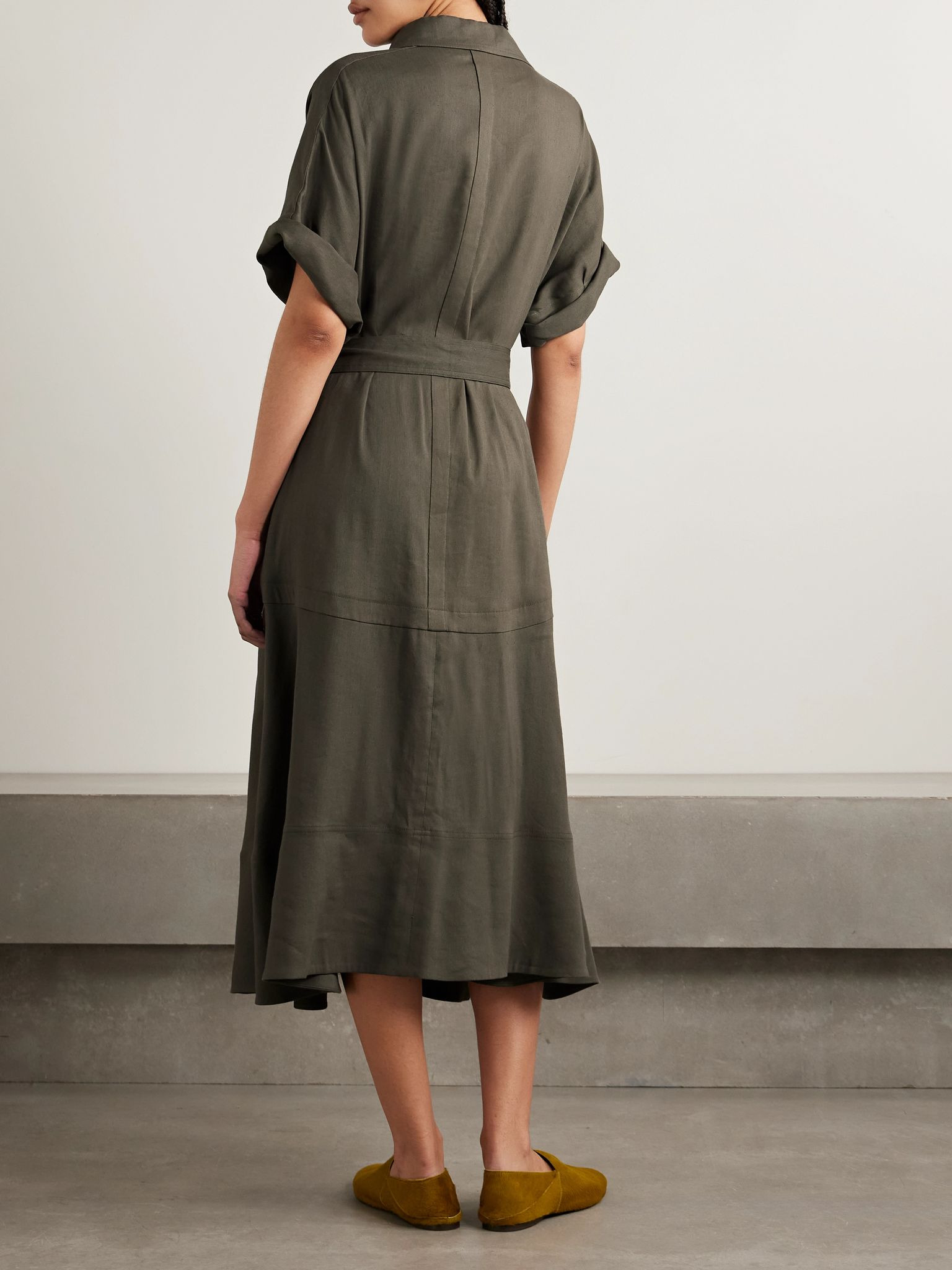 Scottie belted organic linen-blend midi dress Green - 4