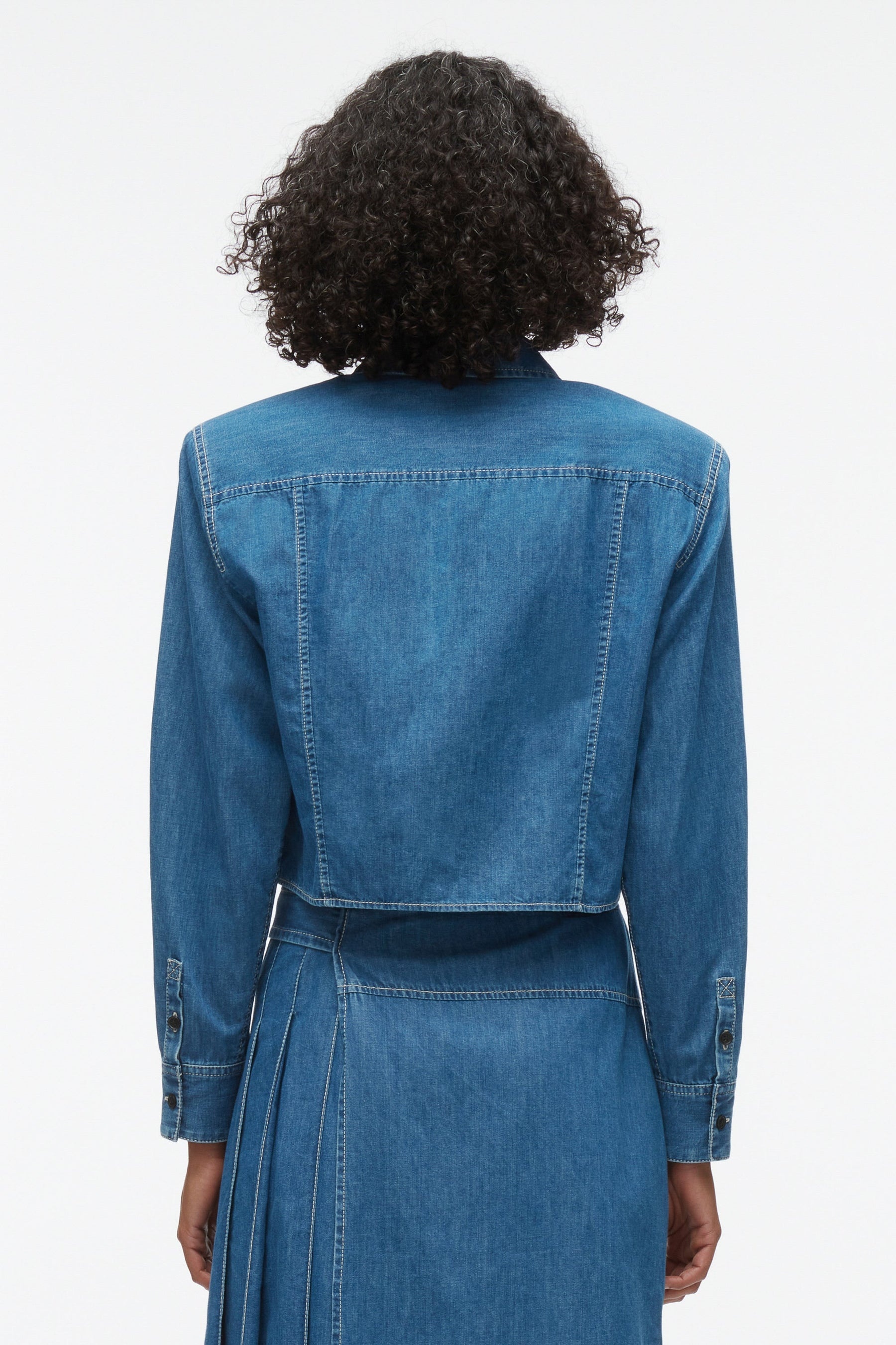 Chambray Cropped Shirt with Shoulder Pads - 4