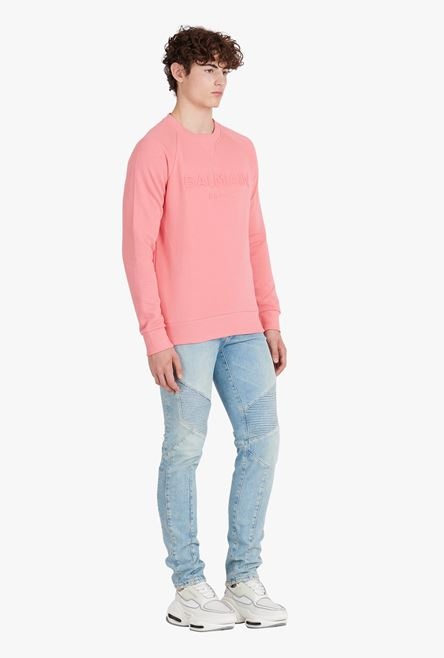 Salmon pink cotton sweatshirt with embossed Balmain logo - 7