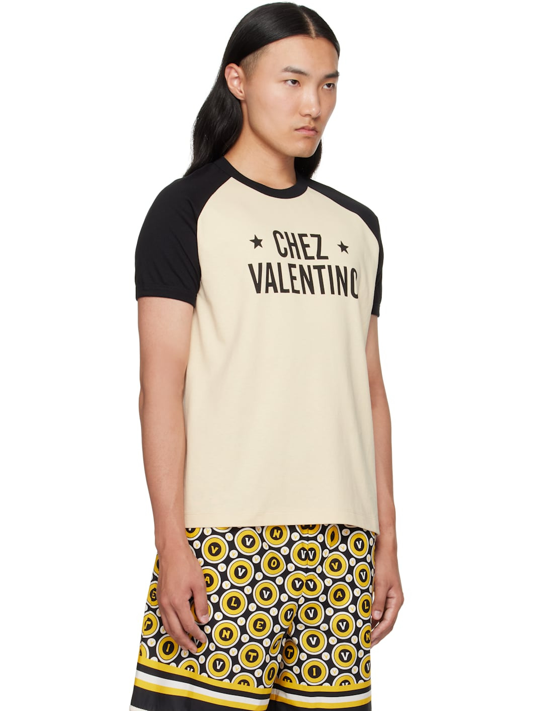 Beige & Black 'Chez Valentino' Print Cotton T-shirt - 2