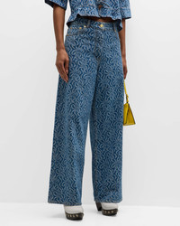 GANNI Wide-Leg Jacquard Denim Pants | neimanmarcus | REVERSIBLE