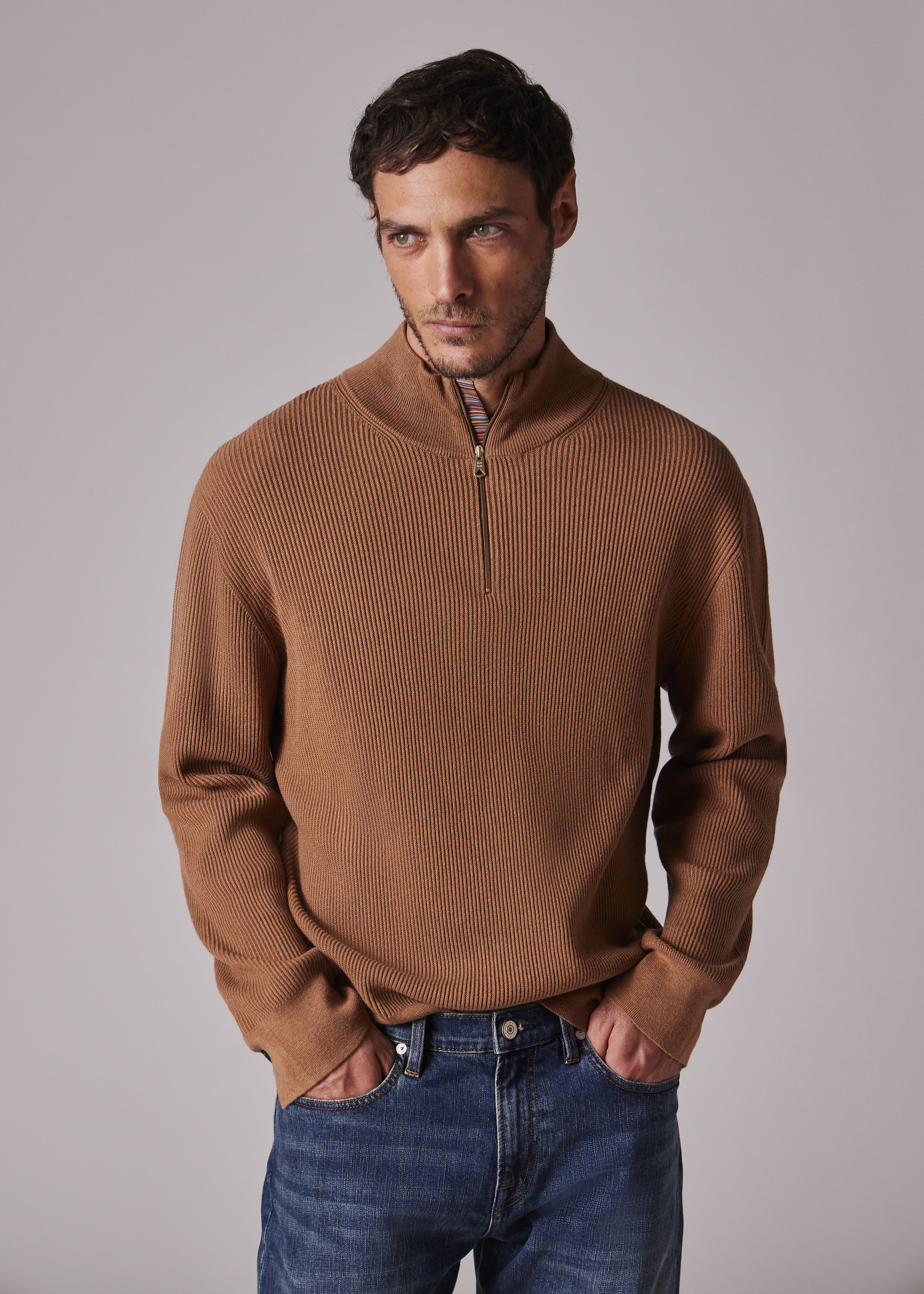 Chestnut Wool-Blend Half Zip Ribbed Knitted Sweater - 6