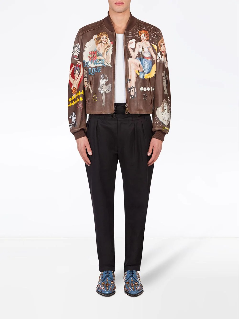 graphic print leather bomber jacket - 2