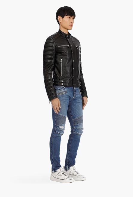 Black leather biker jacket with embossed Balmain logo - 6