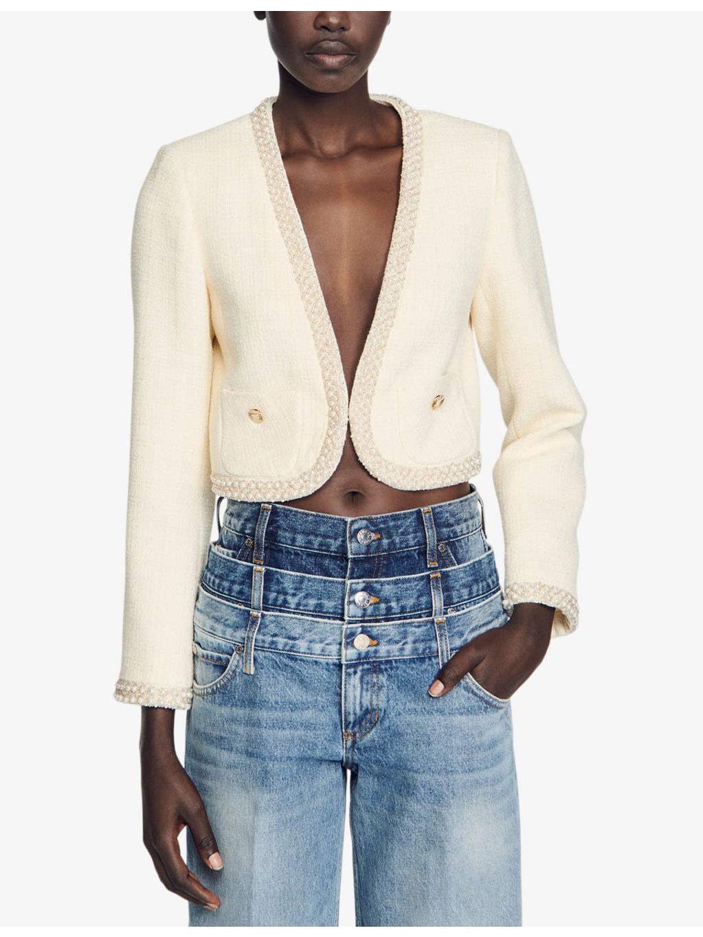 Faux pearl-embellished tweed-textured cotton-blend jacket - 3