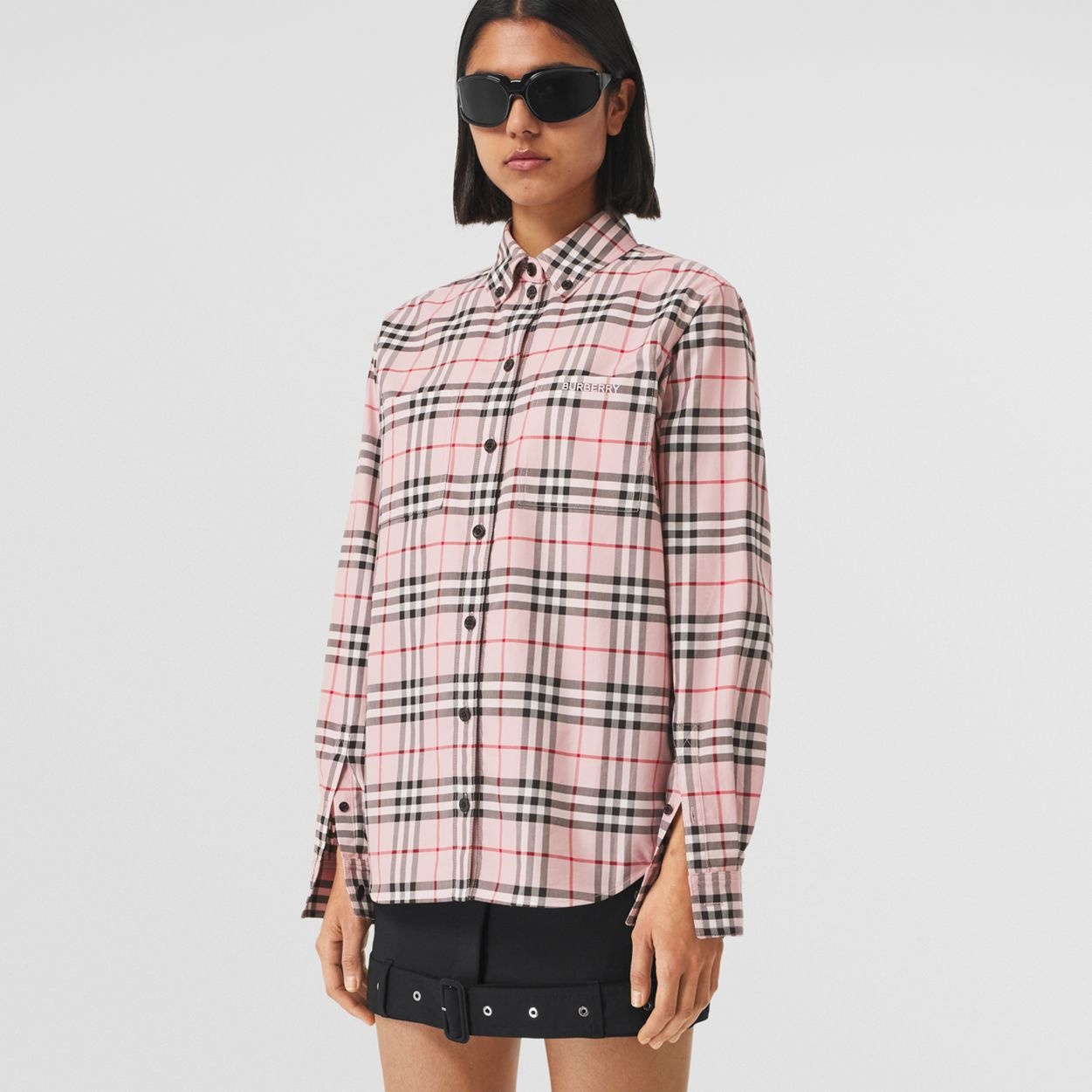 Embroidered Logo Check Cotton Oversized Shirt - 2