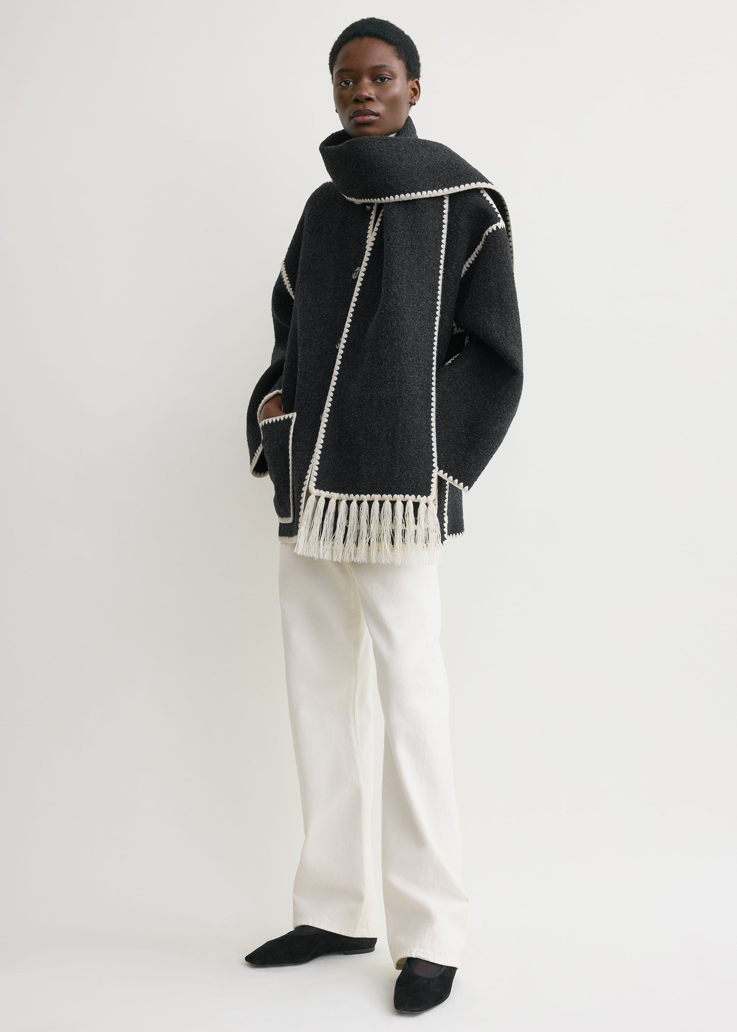 Embroidered scarf jacket dark grey mélange - 3