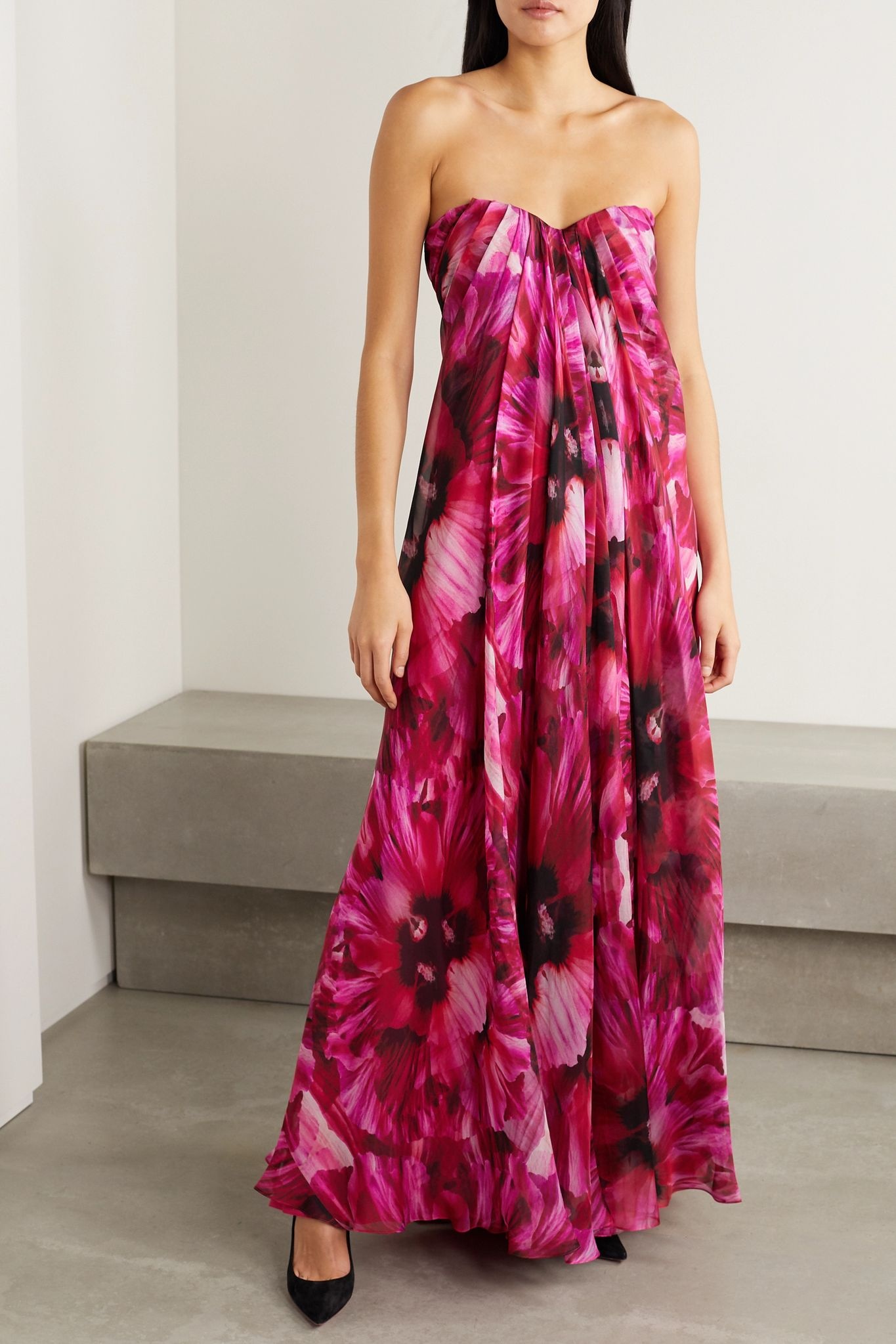 Strapless pleated floral-print silk-crepe de chine gown - 2