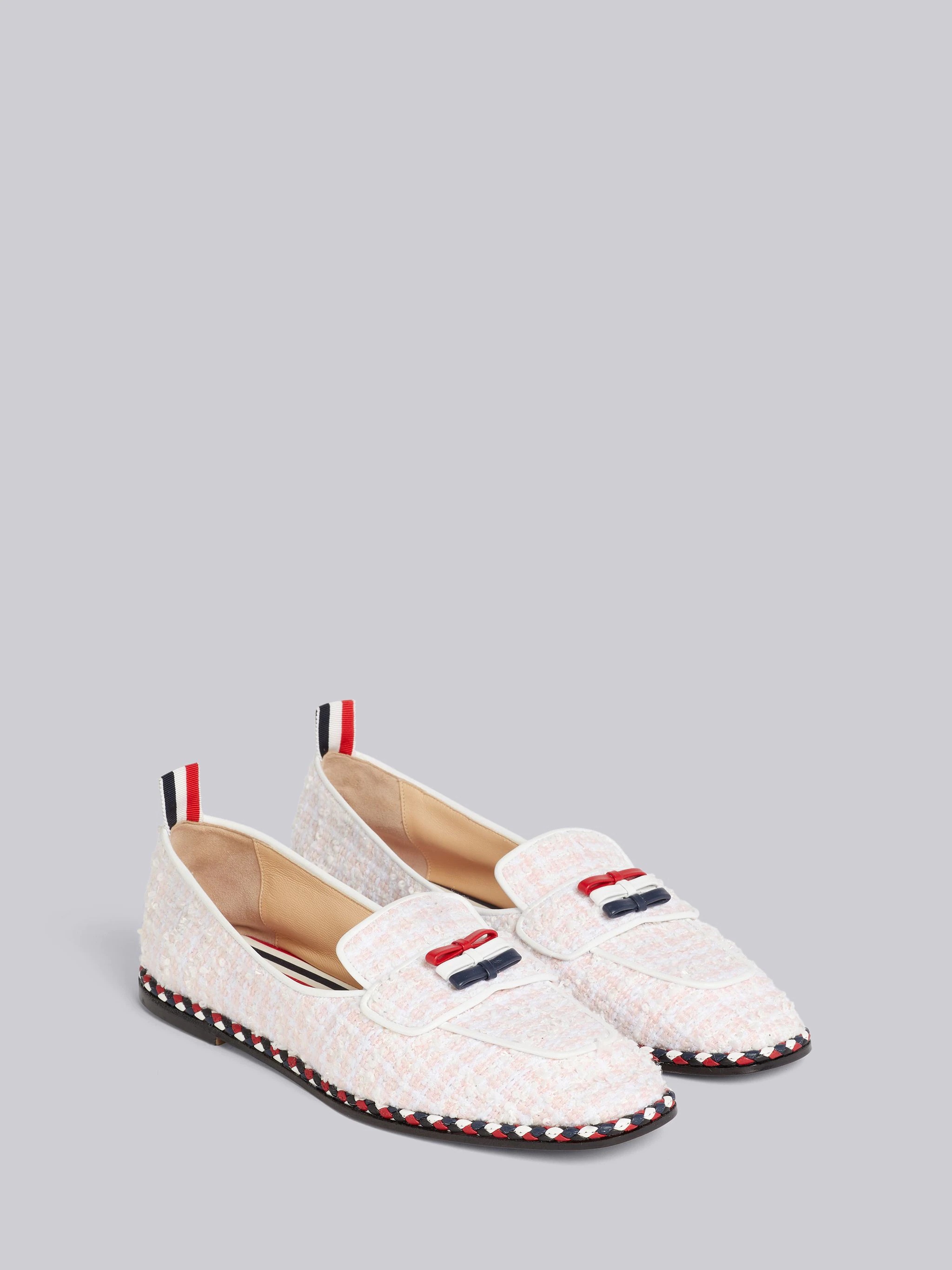 Light Pink Tweed Stripe Cord Trimmed Leather Sole Bow Detail Soft Loafer - 3