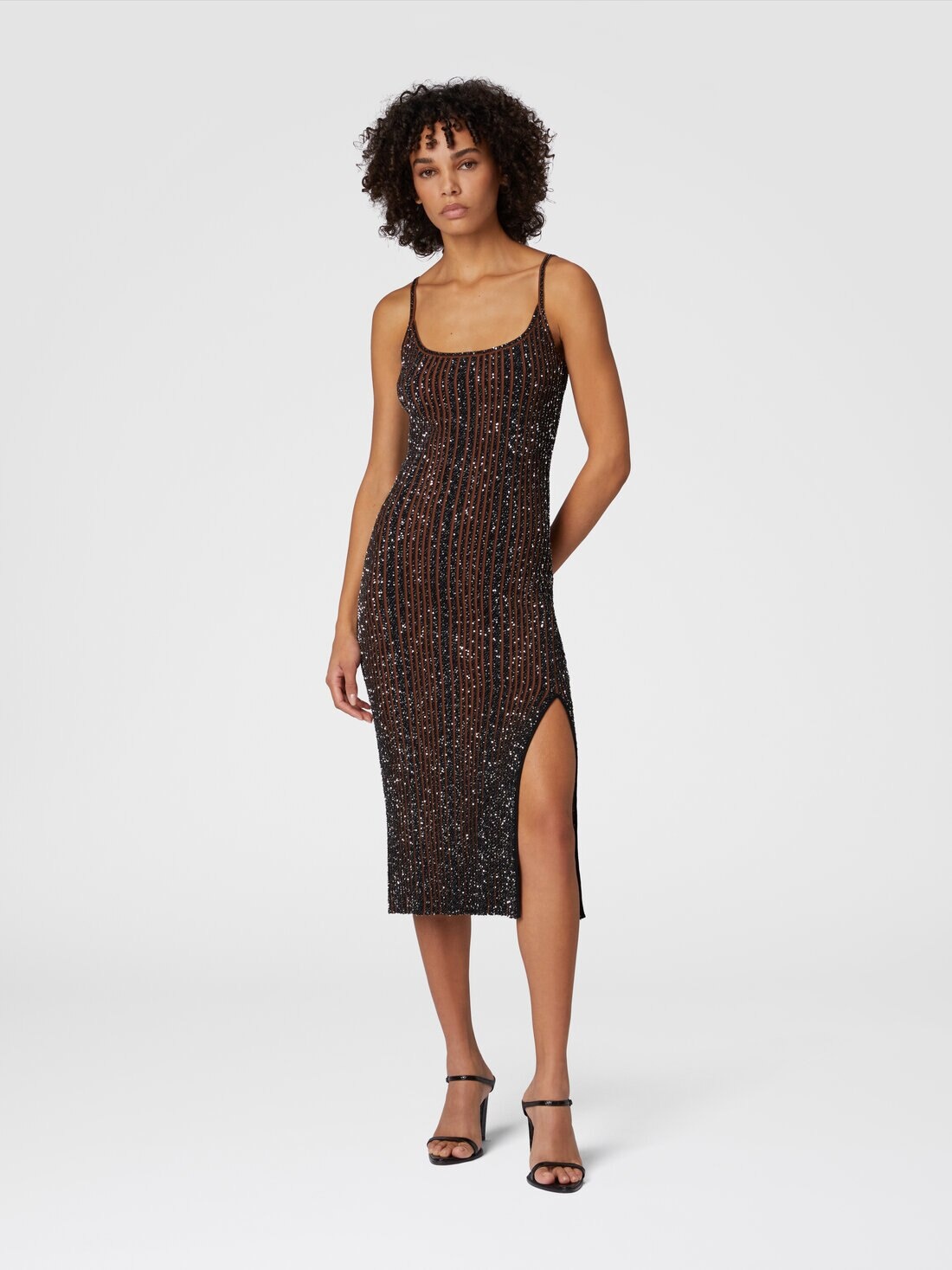 Sleeveless ribbed midi dress with sequins and slit - 2