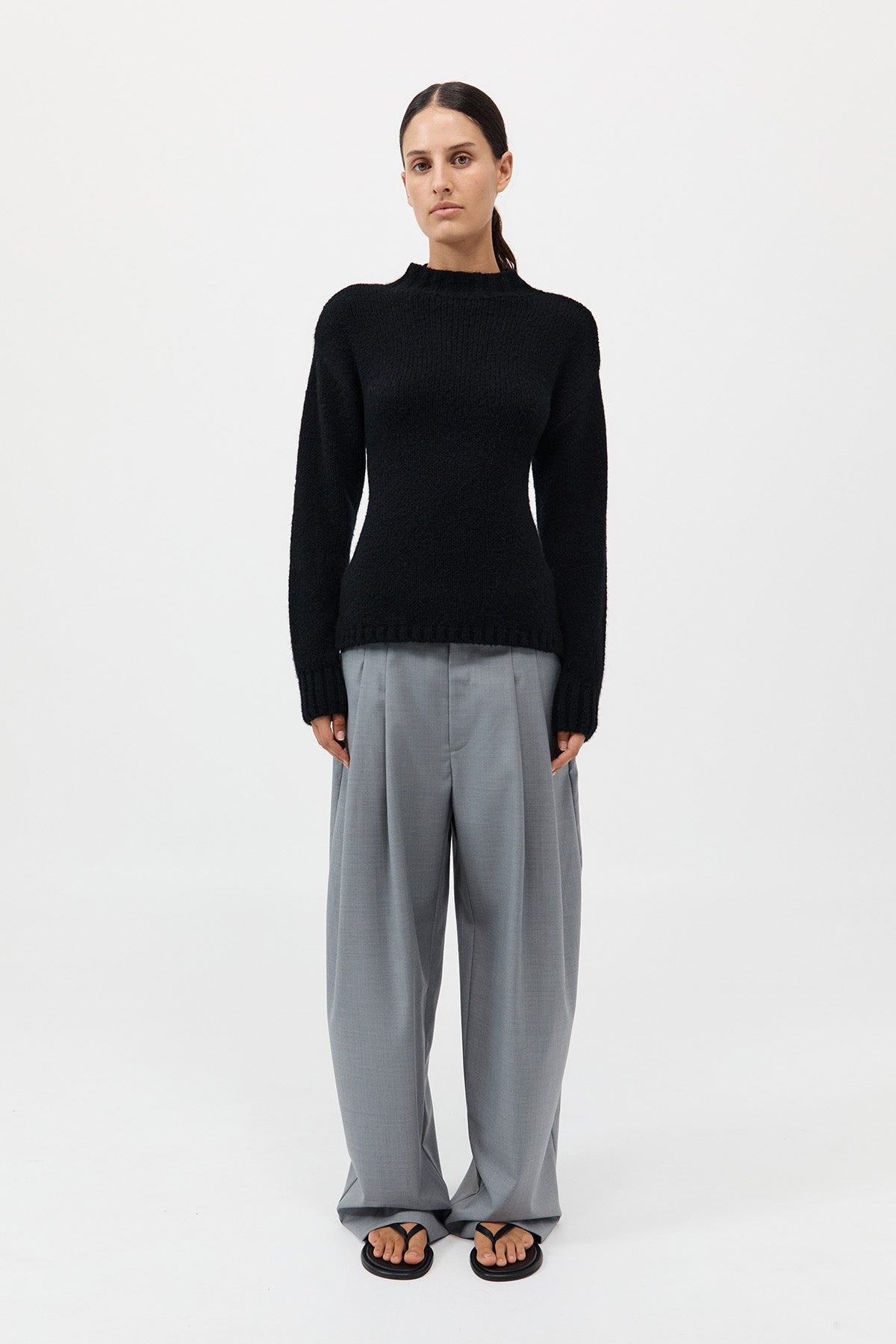 Wool Cashmere Blend Tie Back Jumper - Black - 2