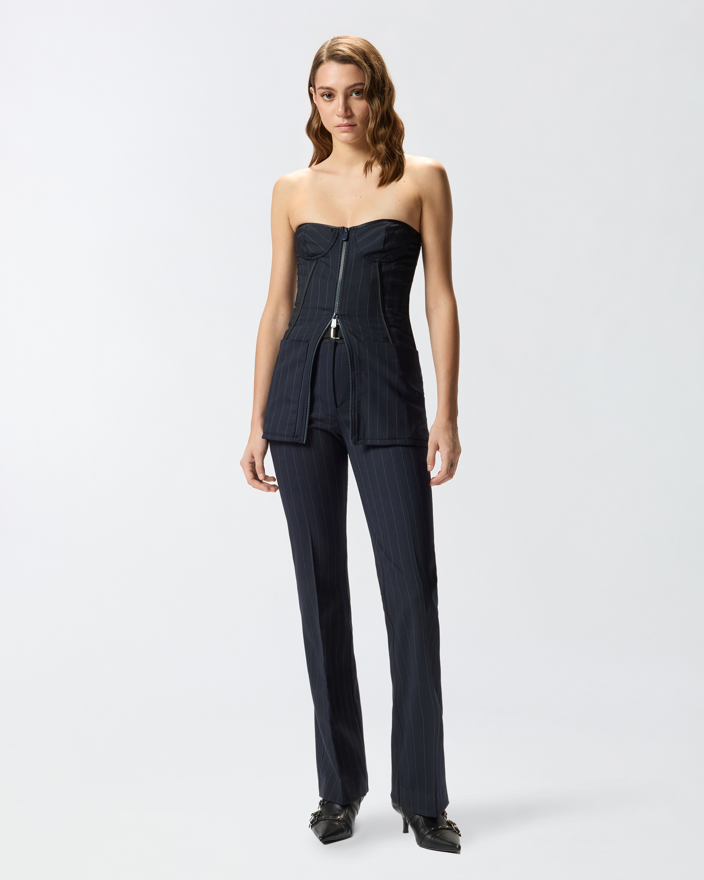PINSTRIPE POLY WOOL BUSTIER TOP - 3