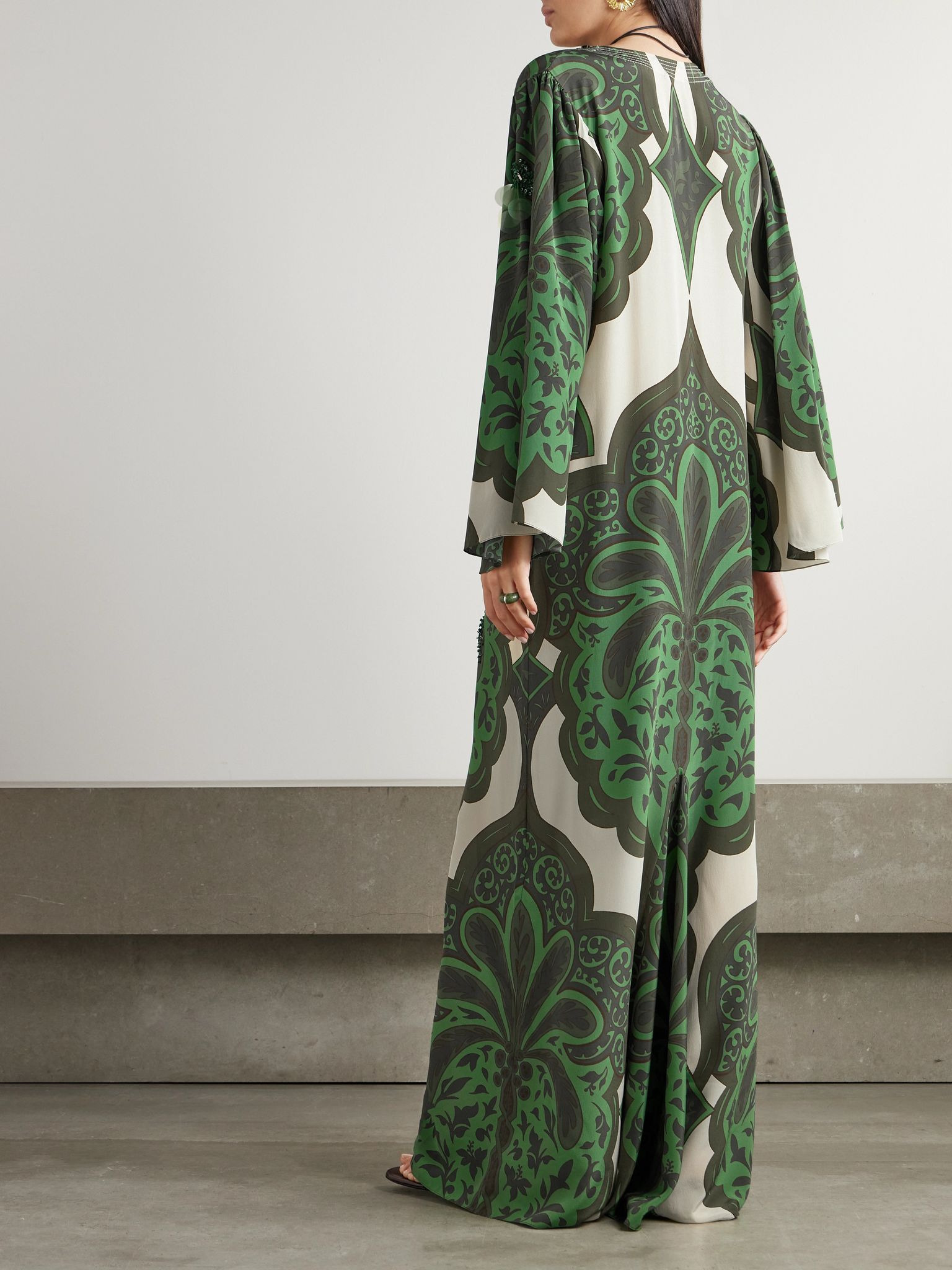 Landscapes embellished printed silk crepe de chine maxi dress Green - 3