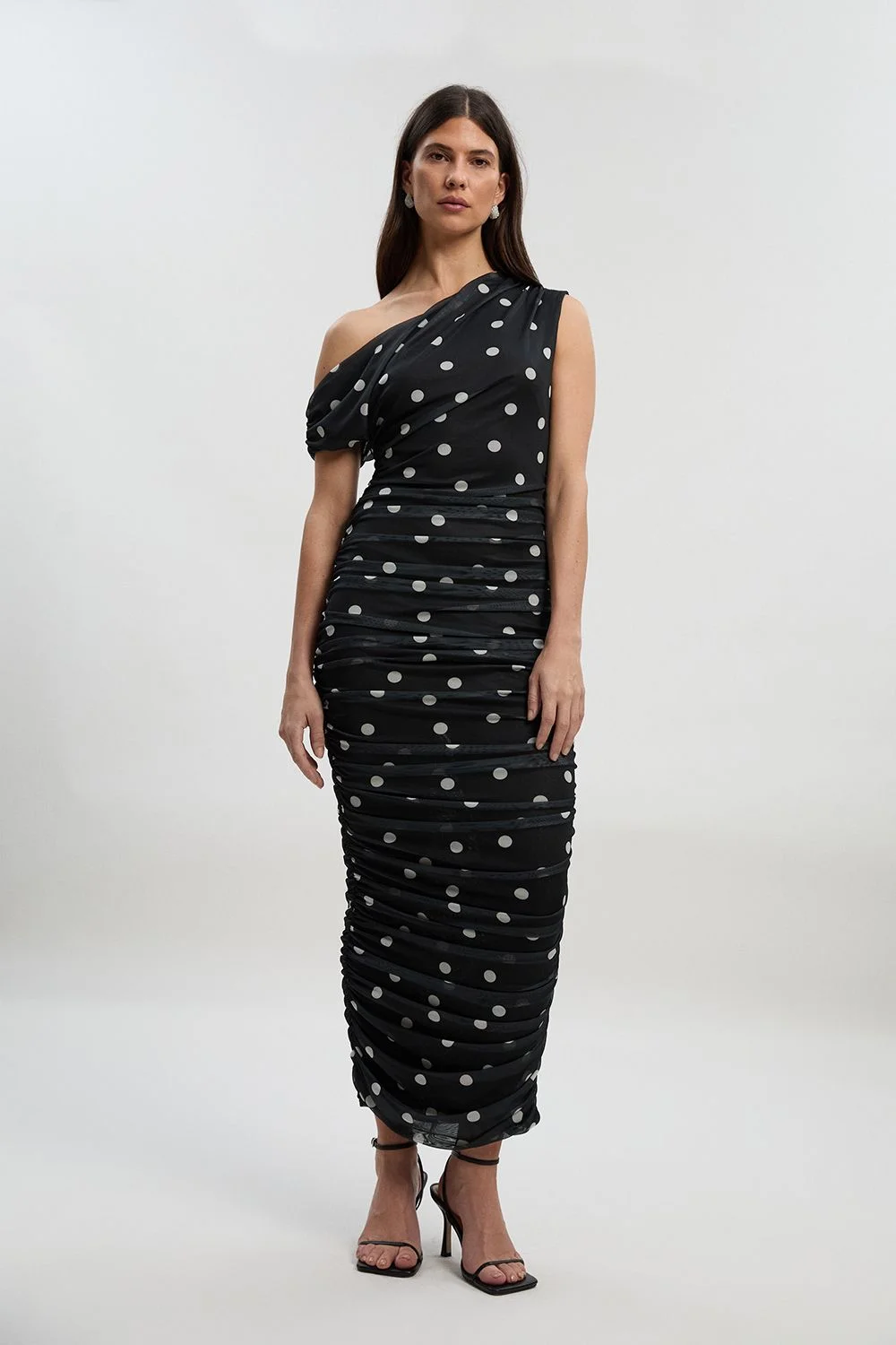 Polka Dot Mesh One Shoulder Ruched Midi Dress - 1