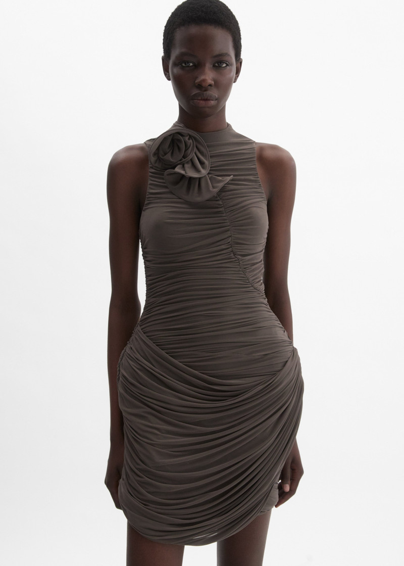 MAGDA BUTRYM High-neck draped mini dress in brown outlook