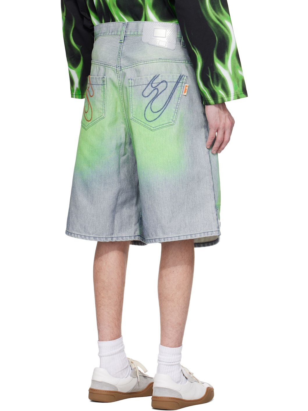 Blue & Green Knee Denim Shorts - 3