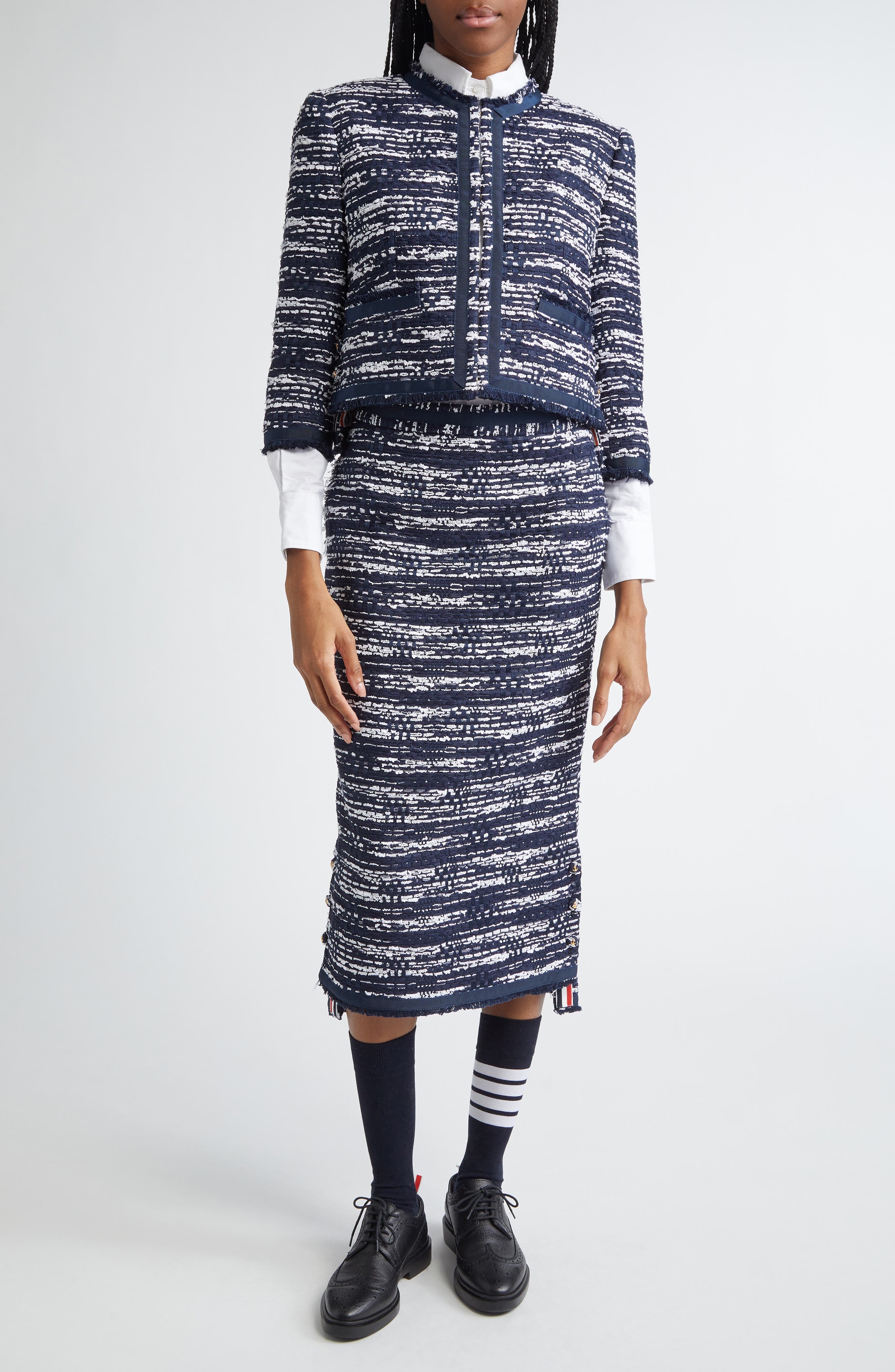 Thom Browne Drop Back Mélange Tulle Yarn Tweed Crop Cardigan Jacket in Navy at Nordstrom - 2