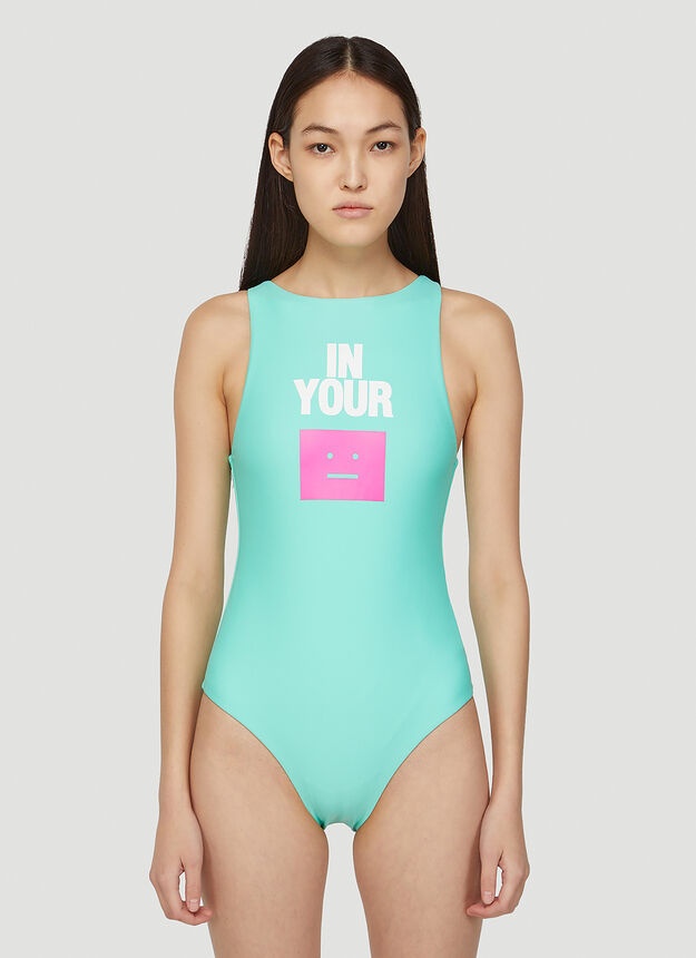 Logo High Neck Swimsuit in Green - 1