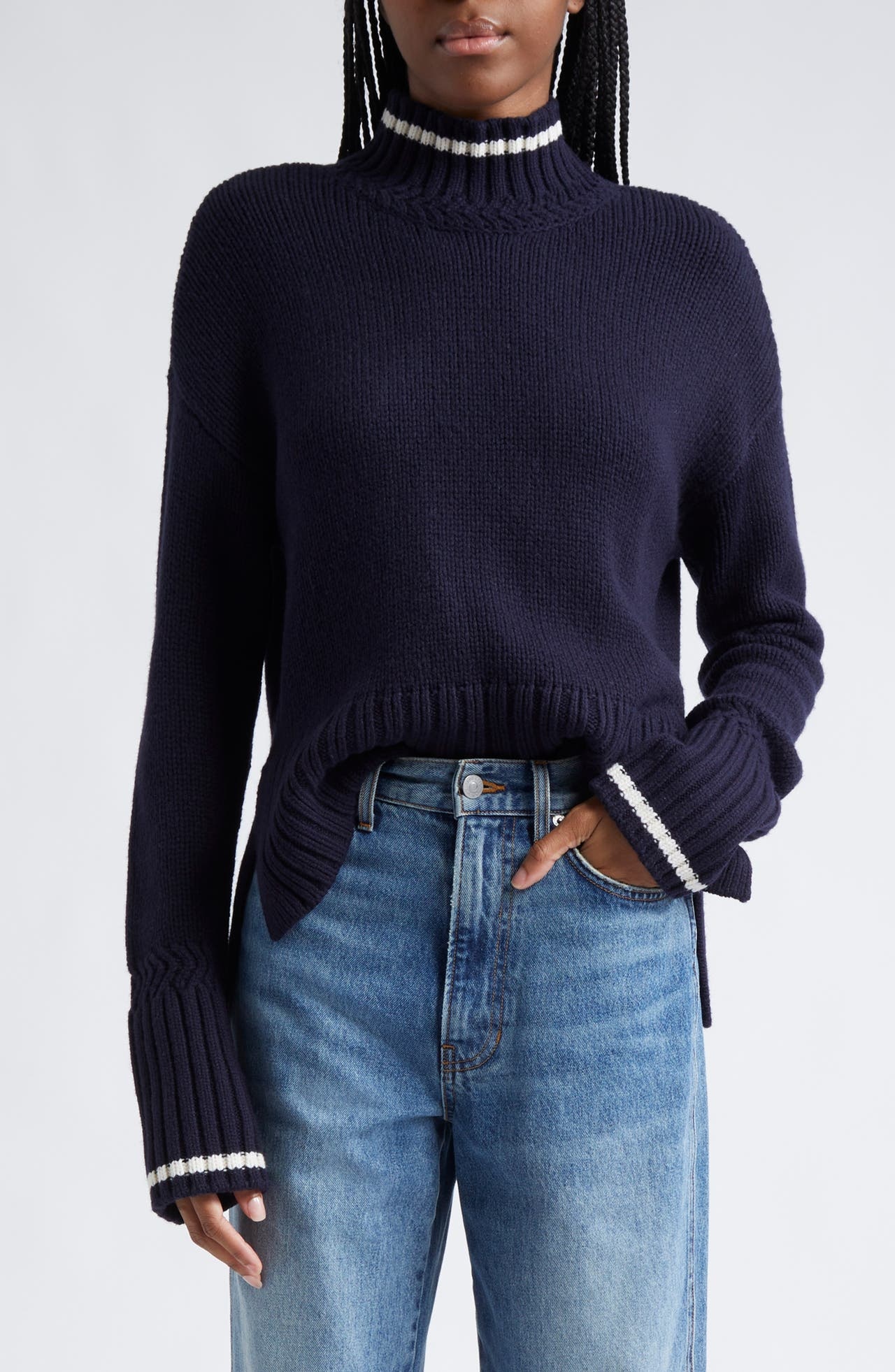 Veronica Beard Lancetti Stripe Turtleneck Wool Blend Sweater in Navy at Nordstrom - 1