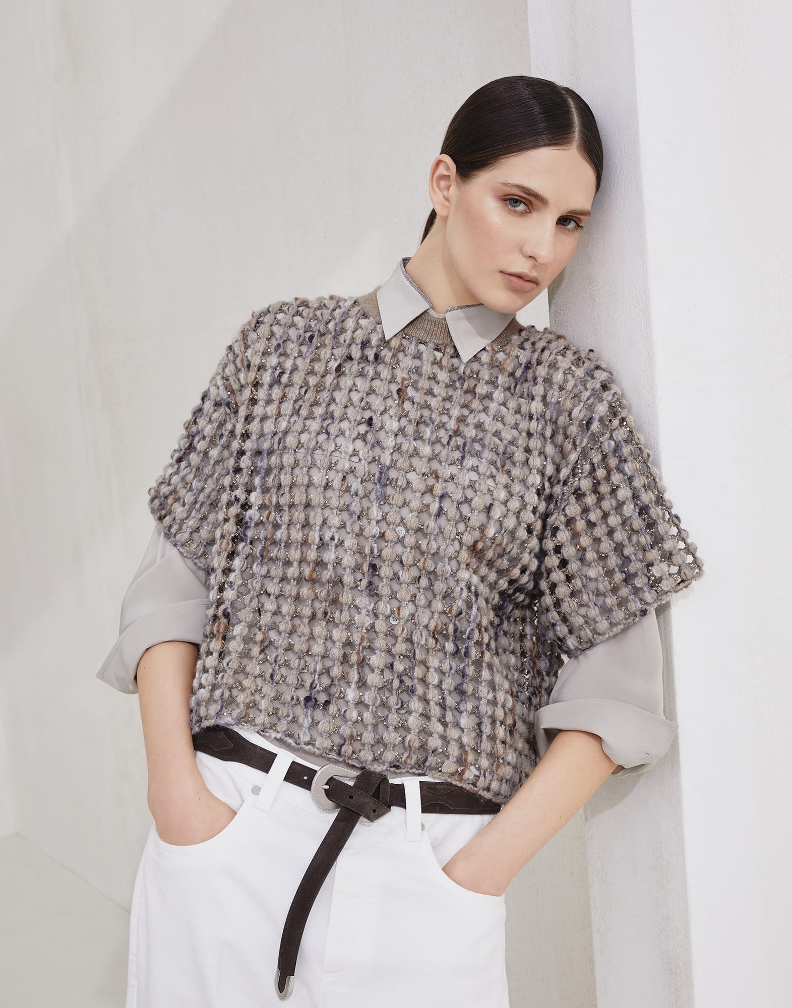 Virgin wool, cashmere and mohair balloon net embroidery knit T-shirt - 4