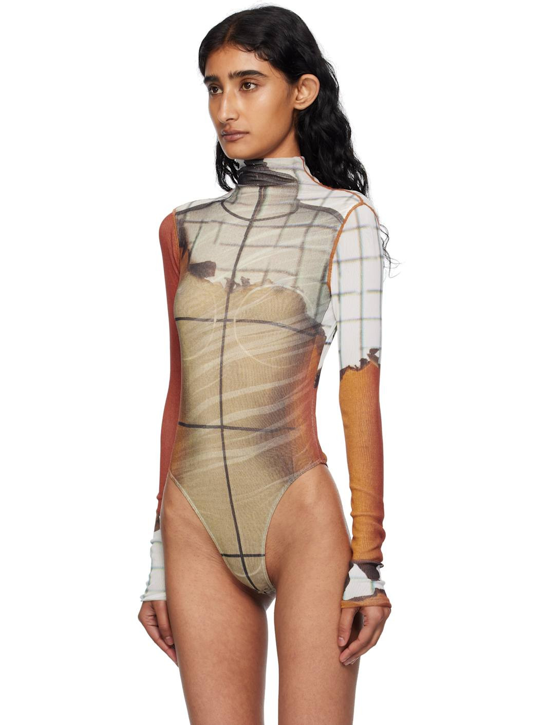 Orange & White Long Sleeves Twisted Printed Fire Bodysuit - 4