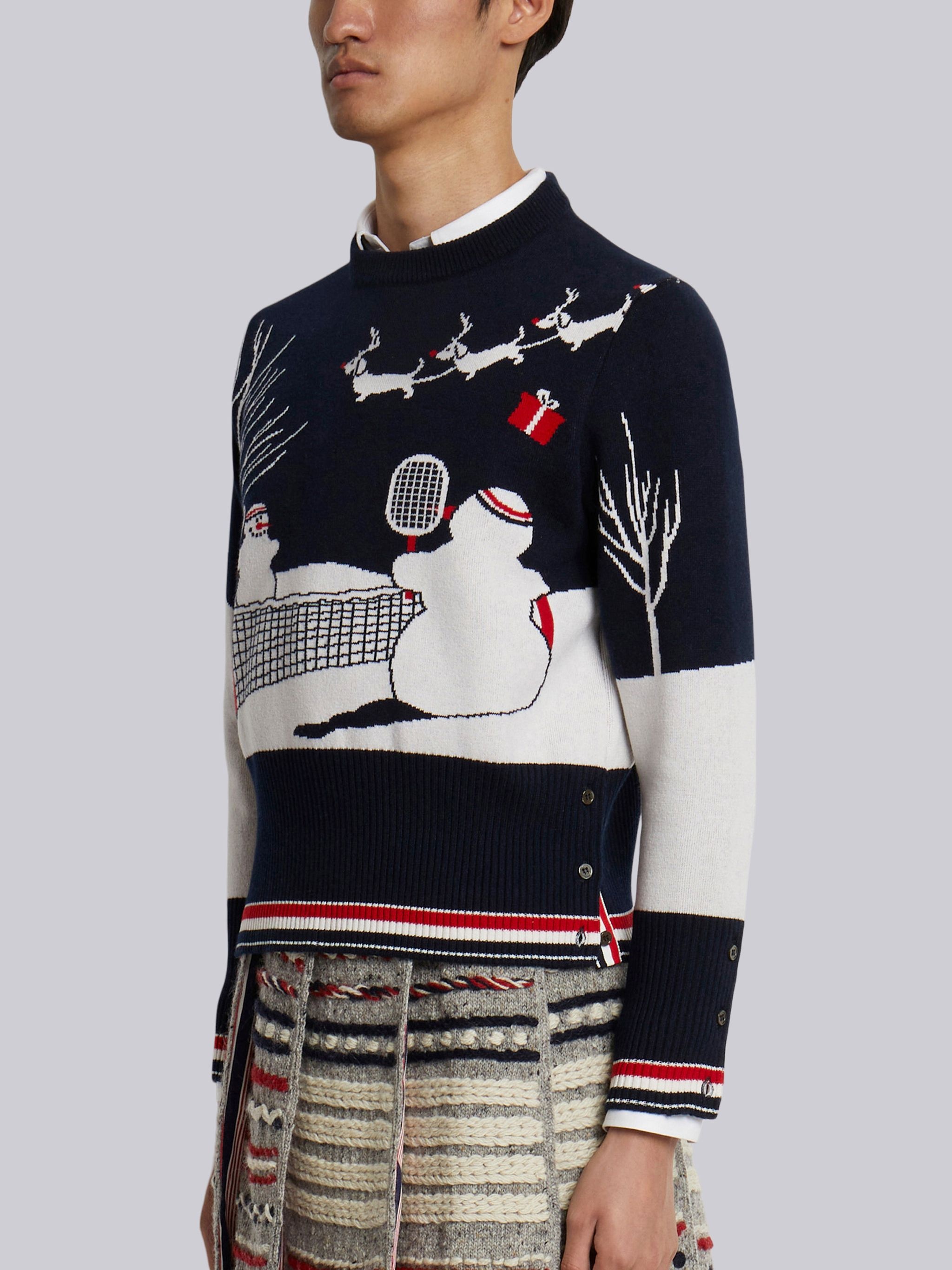 Multicolor Cashmere Snowman Tennis Scenery Jacquard Crew Neck Pullover - 2