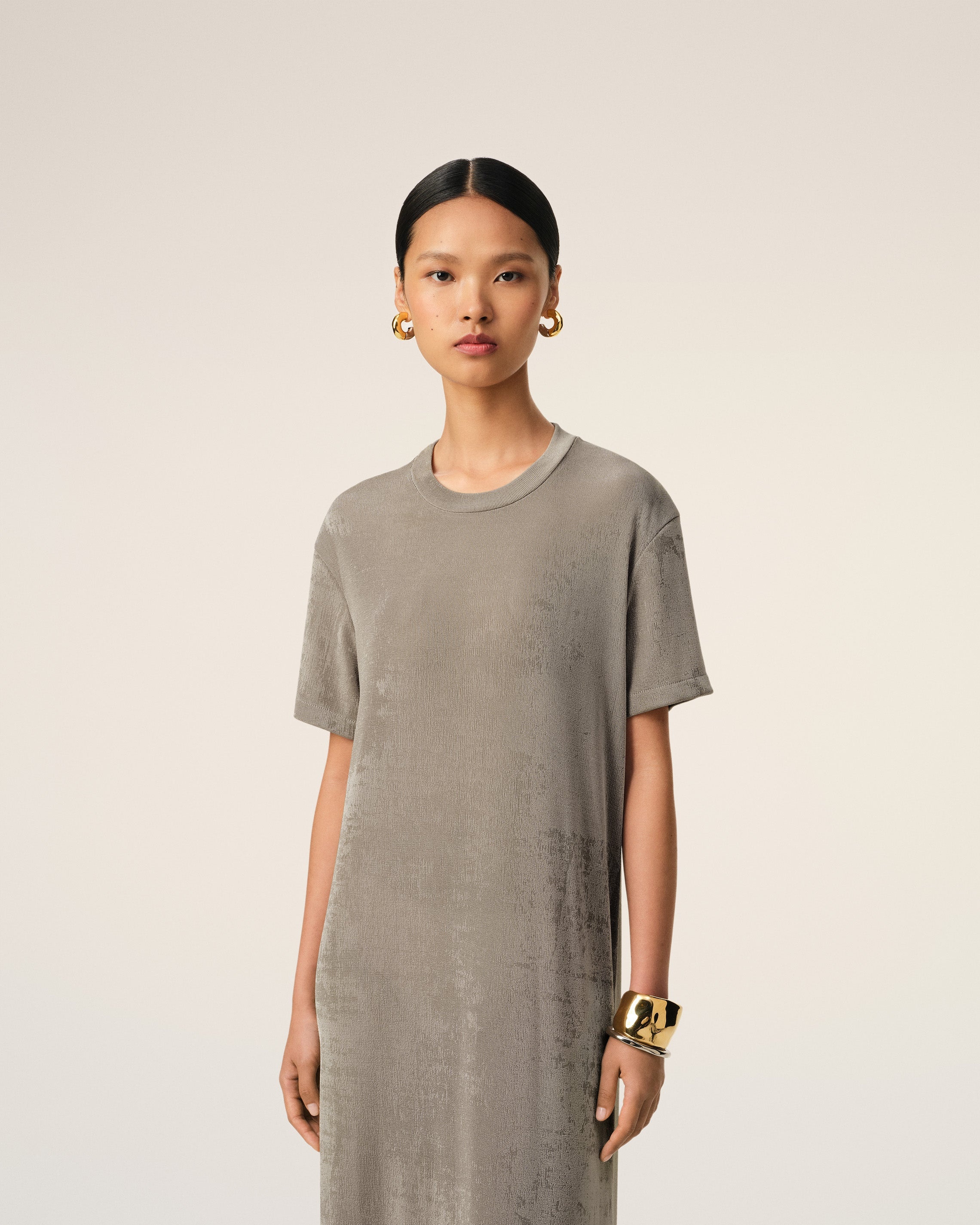 BEIGE RIB JERSEY SHORT SLEEVE LONG DRESS - 3
