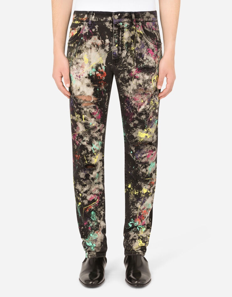 Slim-fit black stretch jeans with marbled print - 1